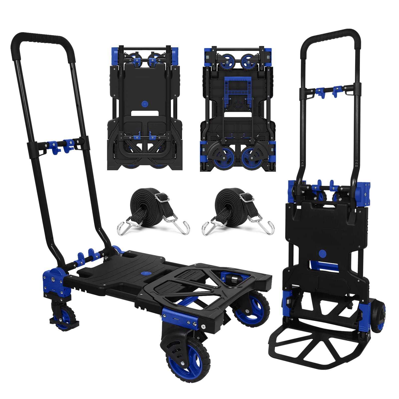 2 in 1 Folding Hand Truck Portable Dolly Cart with 4 Rubber Wheels 330lbs Capacity Hand Cart Foldable Portable Hand Truck(Blue)