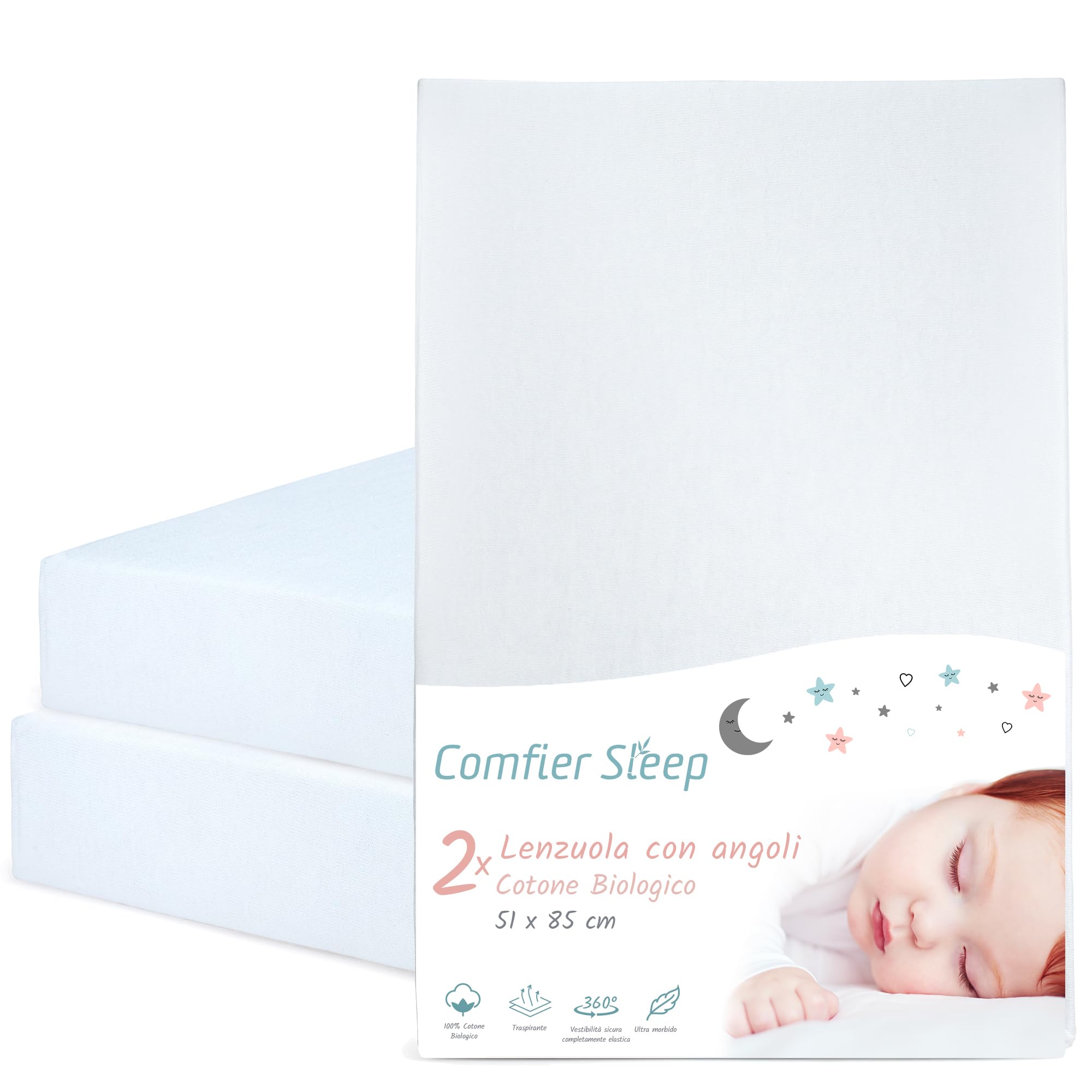 Lenzuola Next To Me 51x85 – Set Di 2 Pezzi Colore Bianco Lenzuolo Angoli Next To Me in 100% Cotone Biologico - Elasticizzate e Ultra morbide