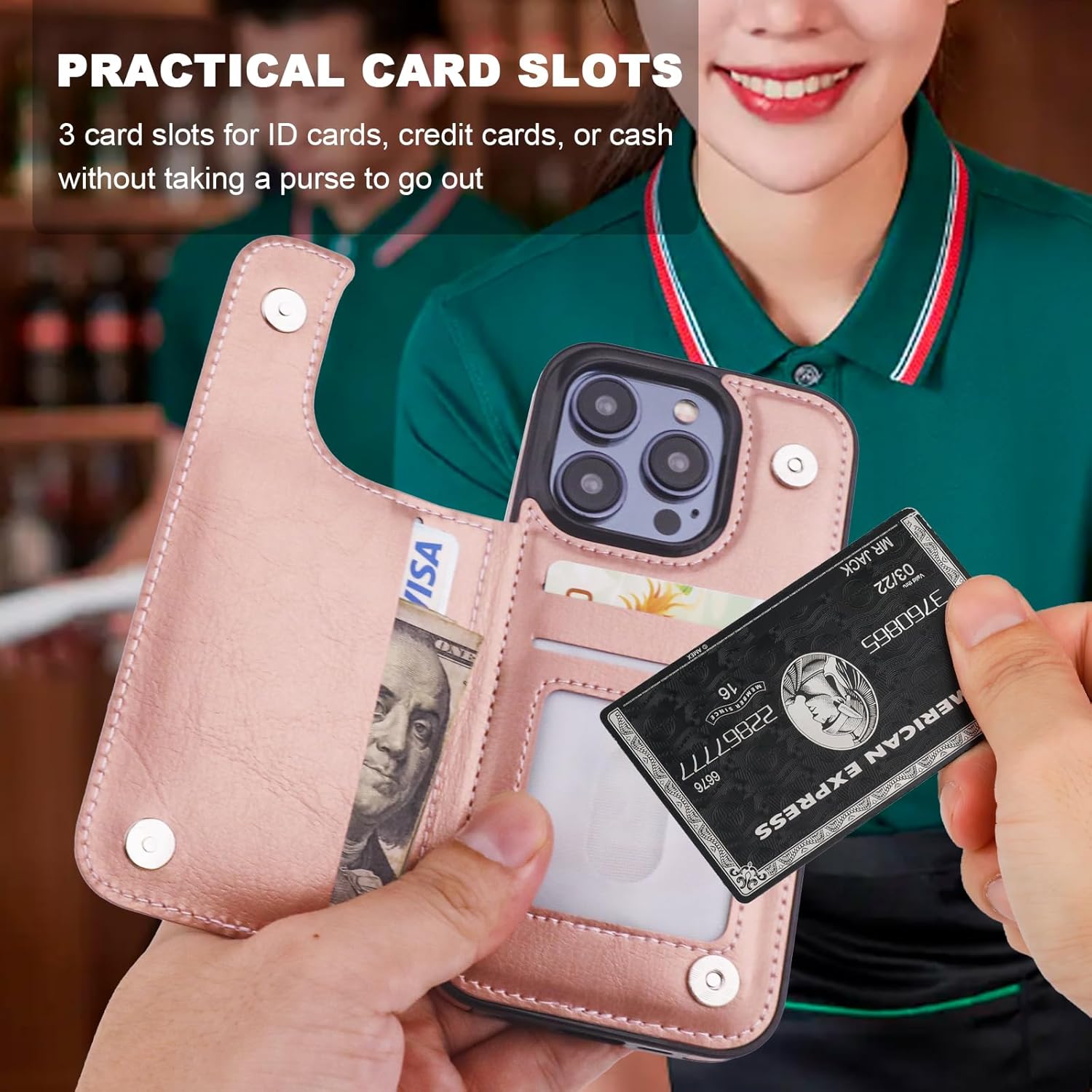 ONETOP for iPhone 15 Pro Wallet Case with Card Holder, 360° Rotation Ring Kickstand RFID Blocking PU Leather Double Magnetic Clasp Shockproof Cover for Women and Girls 6.1 Inch (Rose Gold) - Image 3