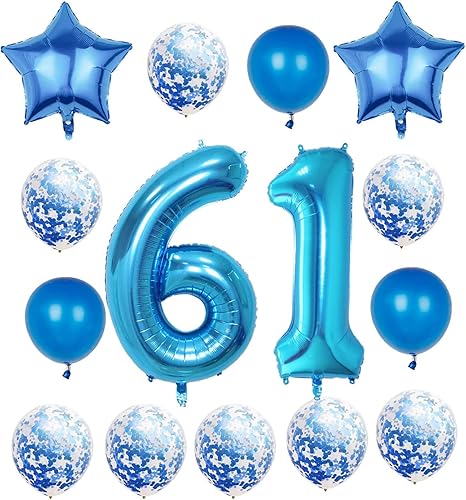 Decoraciones de cumpleaños número 61, globos azules del número 61, globos gigantes de Mylar de 40 pulgadas para hombres y mujeres, globos grandes de