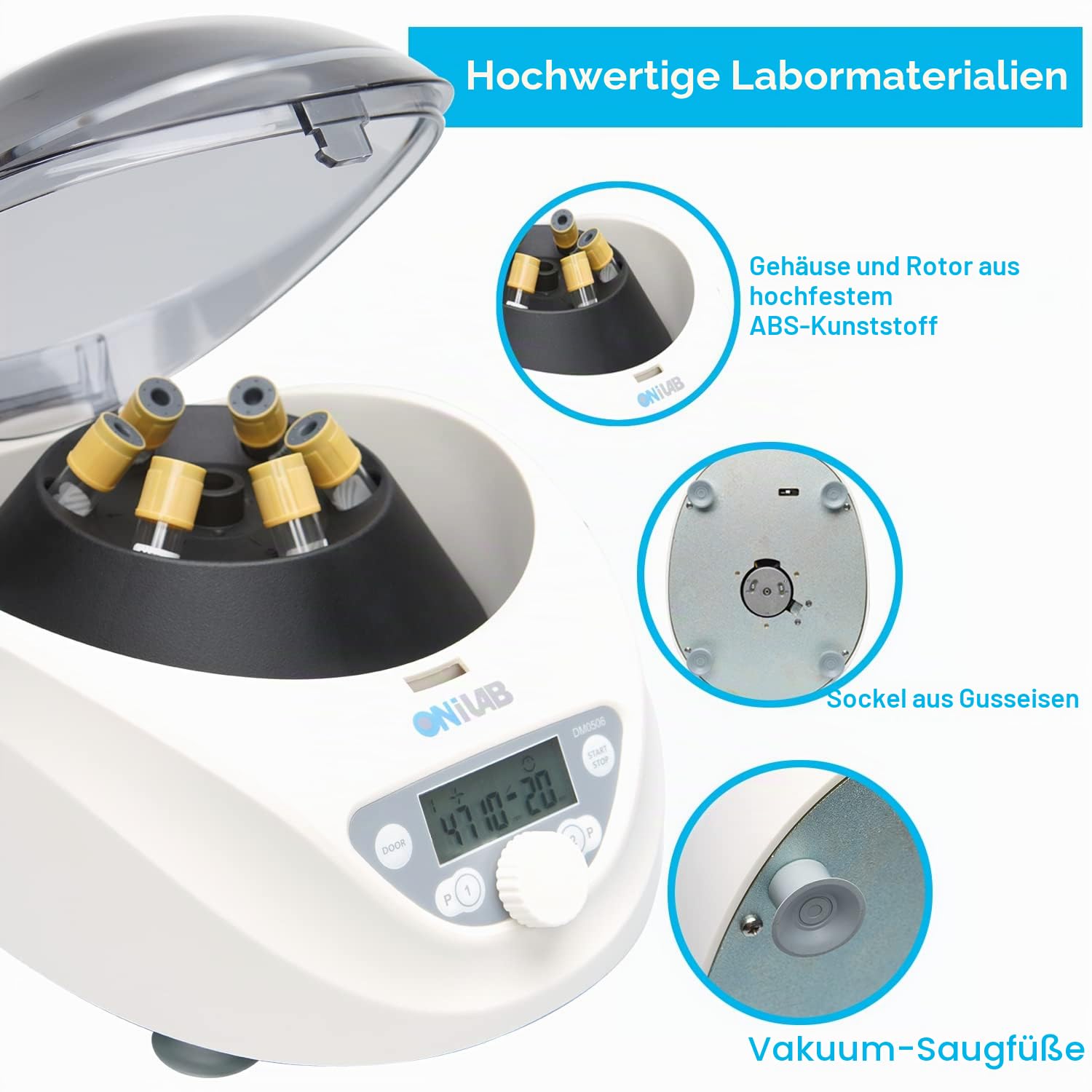 ONiLAB Labor PRP Tischzentrifuge 6x15 mL/10 mL/7ml/1.5-5 ml, 300-5000 rpm (Max. 2600 xg RCF), LCD Digital Desktop Lab Zentrifuge Timer 30 sec-99 min, zwei Schnellstartprogramme
