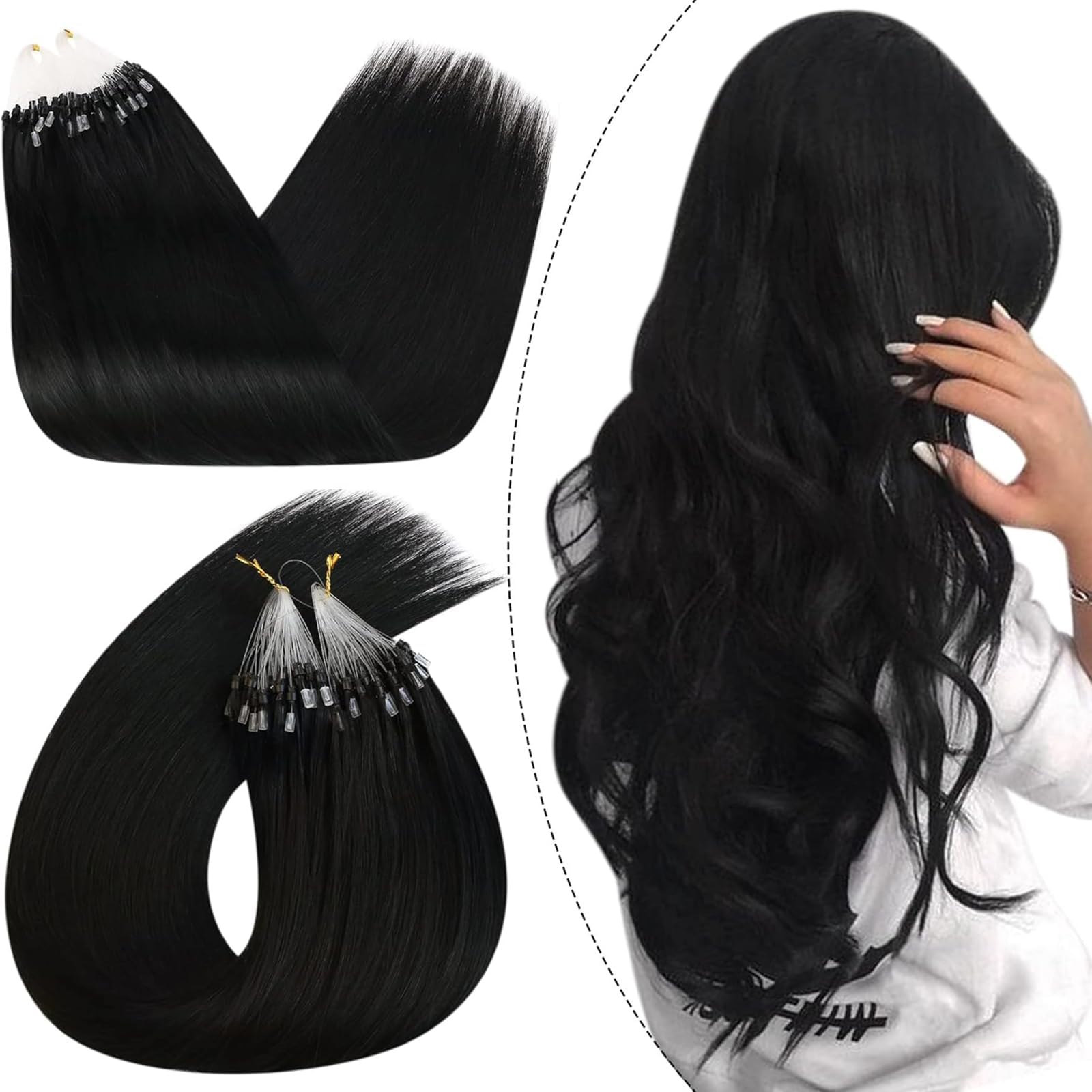 Ugeat Micro Link Hair Extensions, Black Micro Hair Extensions Human Hair, Jet Black Microbead Hair Extension, Remy Human Hair, No Heat or Glue Required, 18 Inch 57G 50S