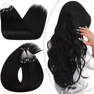 Ugeat Black Microlink Hair Extensions Human Hair Jet Black Micro Bead Hair Extensions Real Human Hair Invisible Micro Loop No Glue Needed by Cold Fusion for Women Long Length 24 Inch 50G 50S