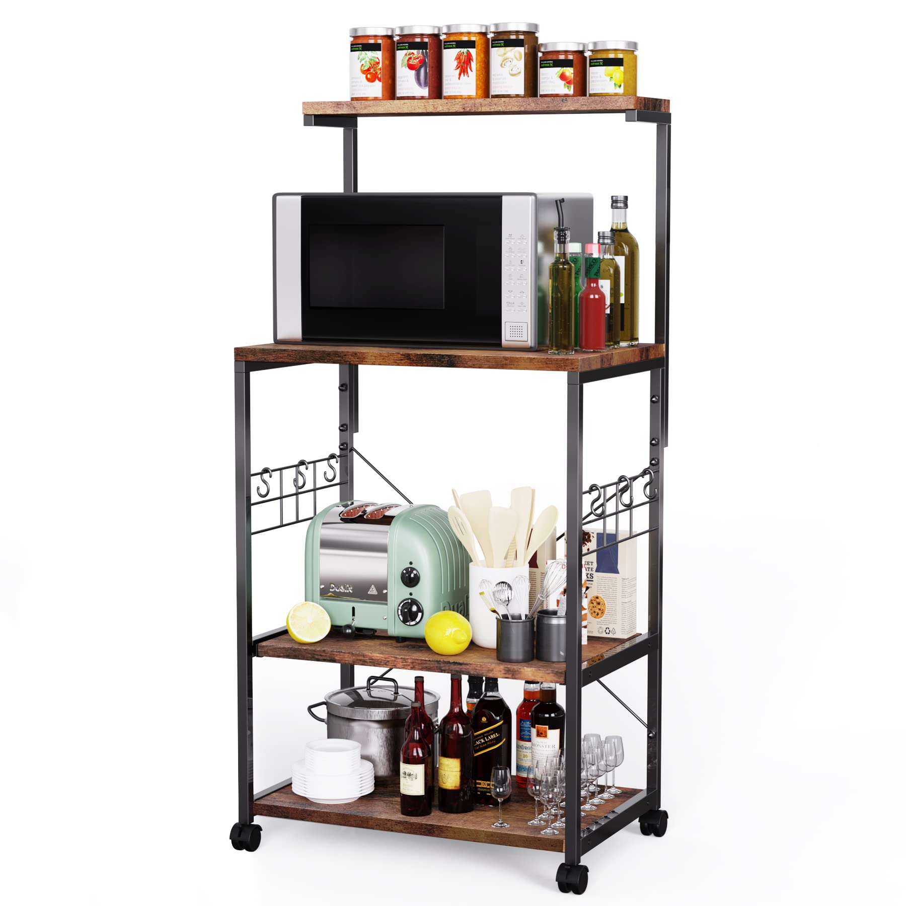 3-Tier Baker's Rack Kitchen Cart — Vintage Board Top, Black Metal, Wheels, Microwave Stand