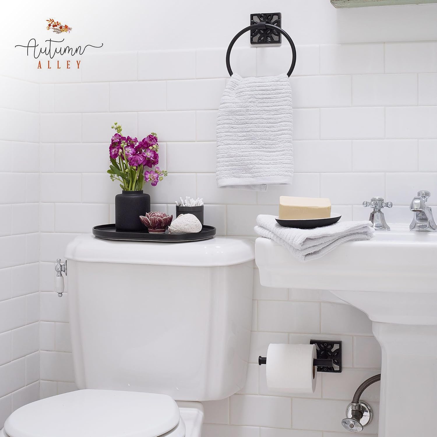 Autumn Alley Bathroom Toilet Paper and Towel Holder Set - Wall Mount Modern Bathroom Hardware Black Accessories, 2 PC, Matte Black Toilet Paper Holder, Black Hand Towel Ring Holder for Bathroom Wall