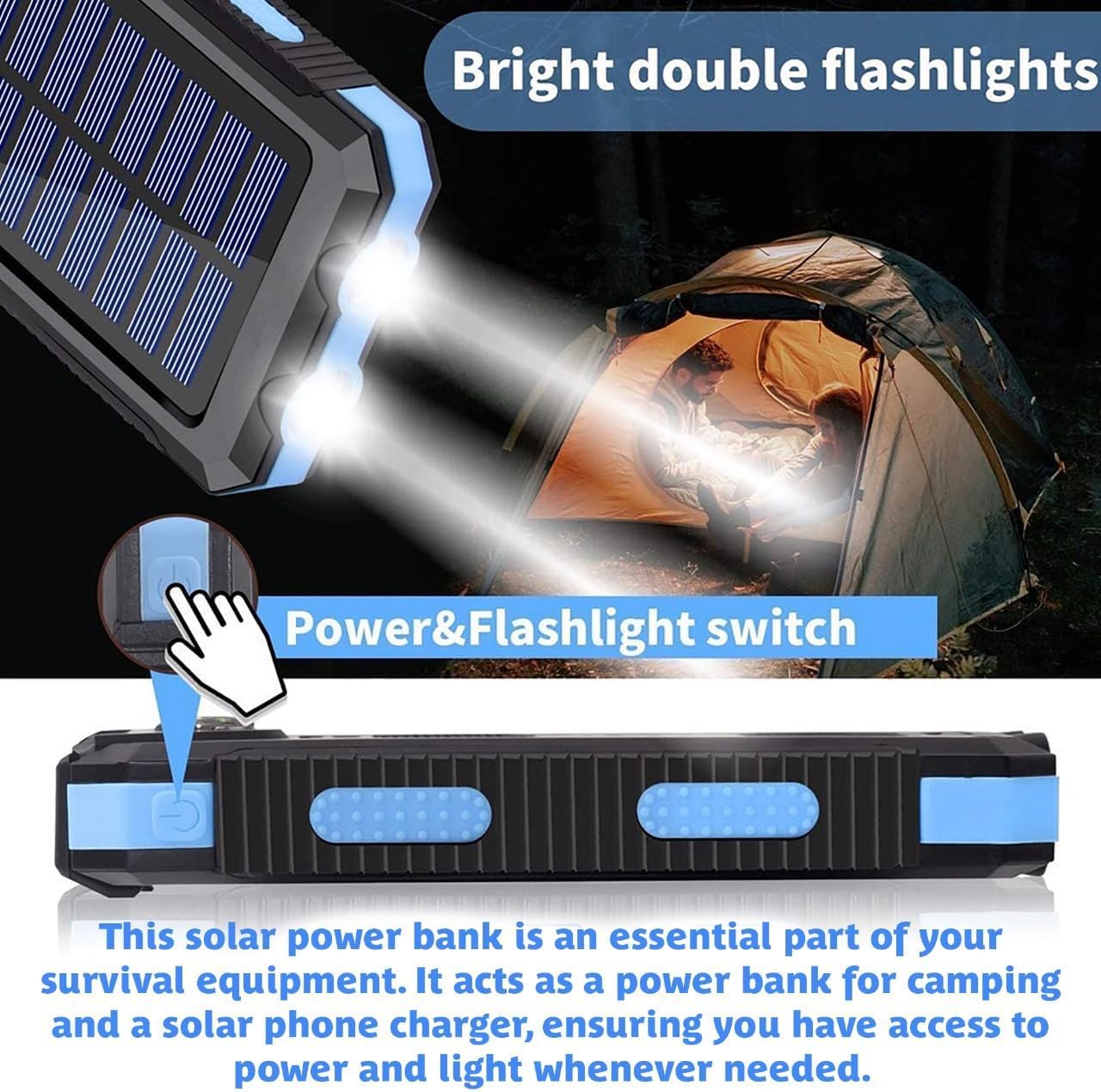 Solar Power Bank 20000 mAh, caricabatterie portatile a ricarica rapida con torcia e bussola, batteria di backup impermeabile per uso esterno e viaggi, ricarica alla luce solare o con il cavo in