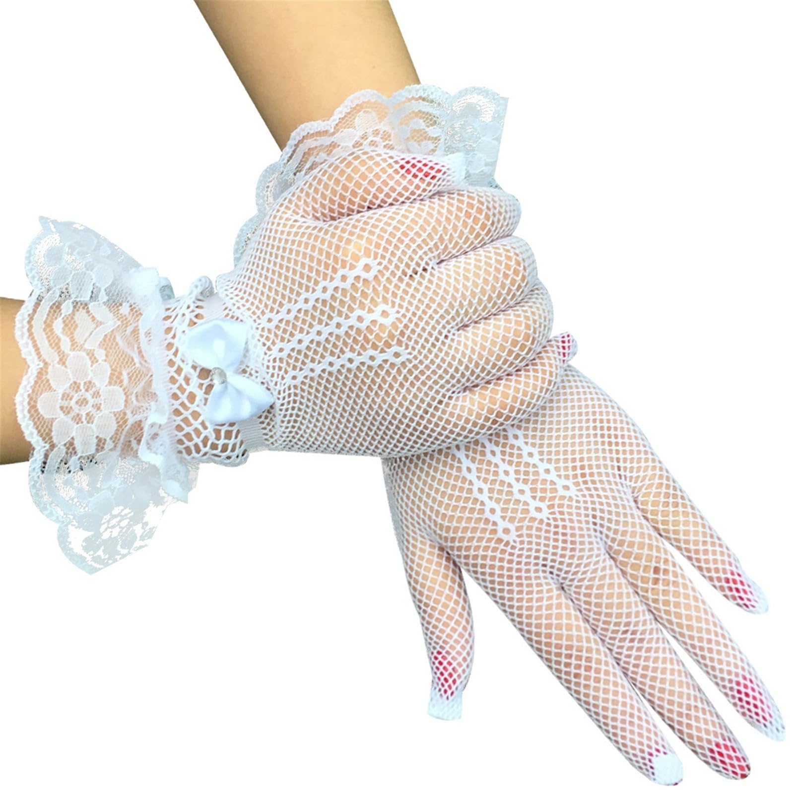 Sepkus Guantes de Novia Guantes de Novia de Encaje con Lazo de Diamante Corto Guantes de Boda para Fiesta para Boda (Blanco 25x9cm)