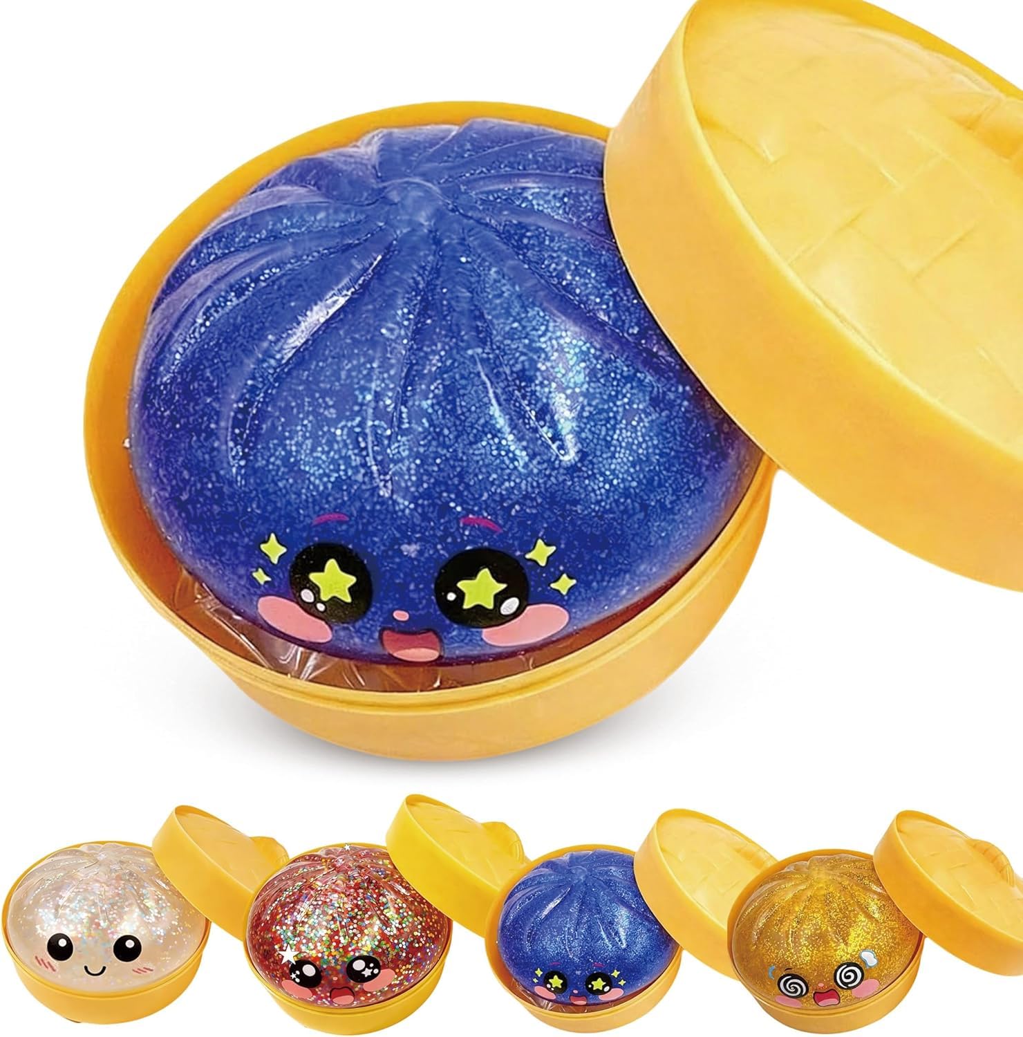 2026 New Glitter Dumpling Squishy with Steamer Box, Jumbo Dumpling Squishy, Large Stress Relief Sensory Toy for Adults Anxiety Relief Fidget Toy (Blue)