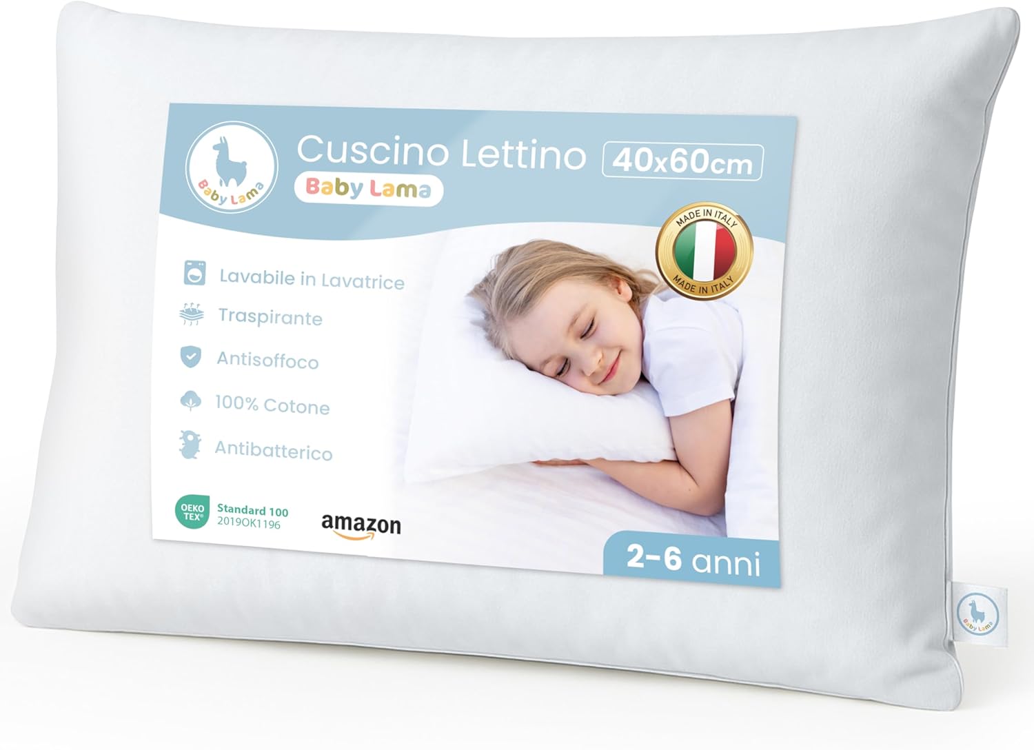 Children&rsquo;s Pillow 2 to 6 Years – Pillow 40 x 60 cm Low and Comfortable – 100% Cotton Oeko-Tex – Hypoallergenic, Anti-Choking, Washable – Made in Italy