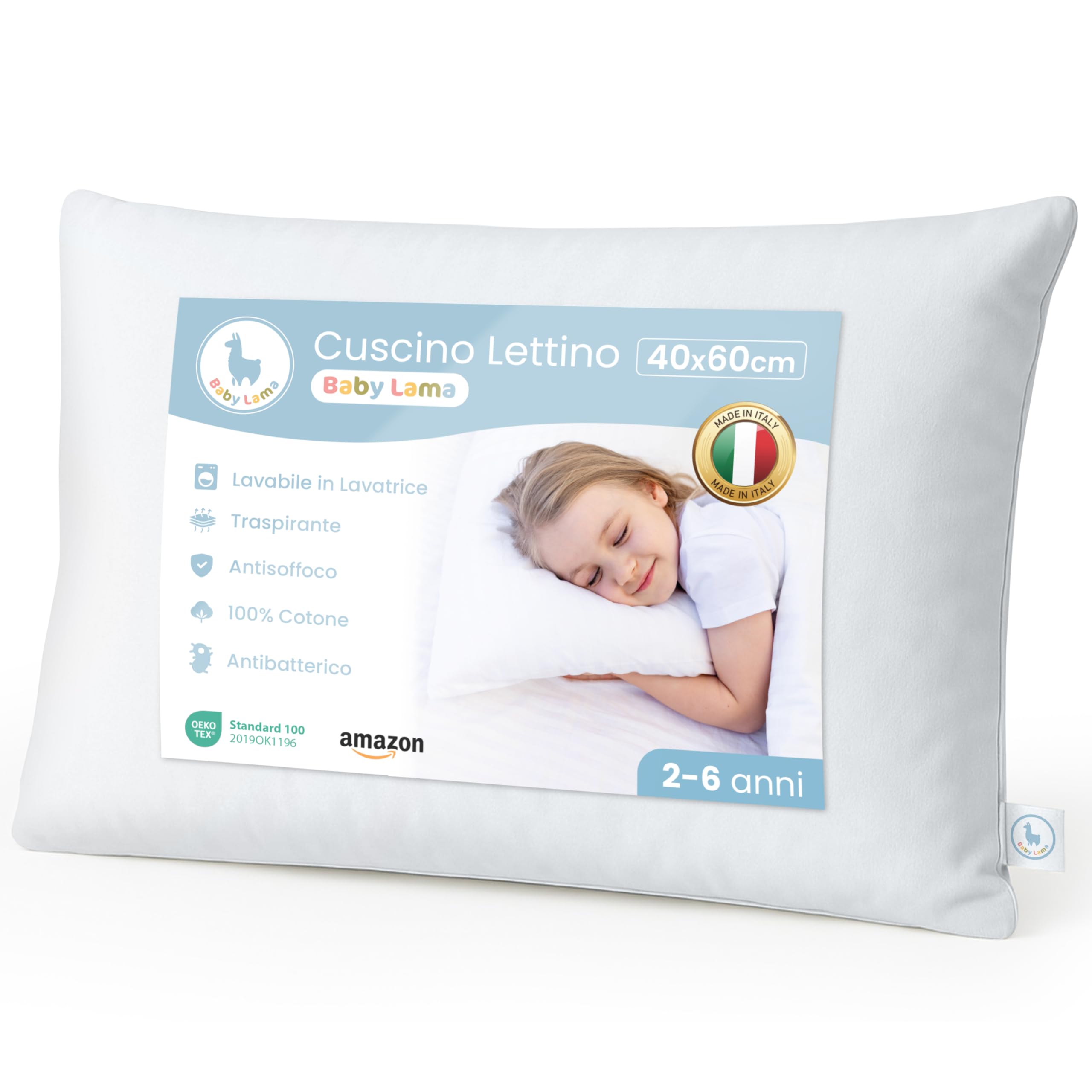 Cuscino Bambino 2 Anni - 6 Anni. Cuscino Lettino Bambino Basso per Dormire 40x60. Cotone 100% Oeko-Tex – Ipoallergenico, Lavabile, Antisoffoco. Made in Italy (1)