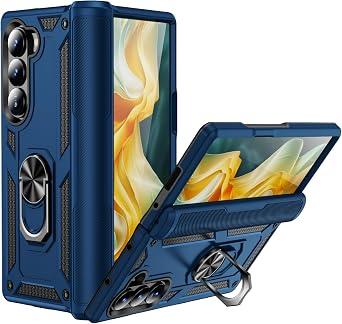 Phone Case for Samsung Galaxy Z Fold 6 Heavy Duty with Metal Ring Stand & Hinge Protection, Magnetic Silicone&PC Rugged Military Grade Shockproof Cover for Men Boys Blue