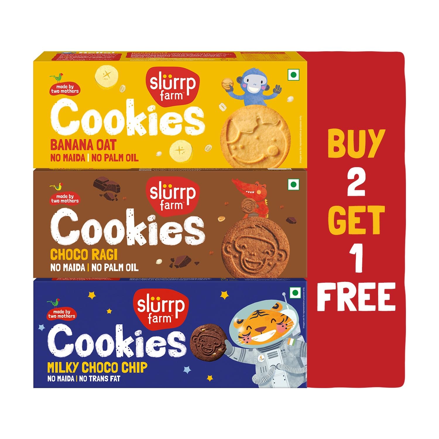 Slurrp Farm No Maida No Refined Sugar Assorted Pack of Cookies | Buy 2 Get 1 Free | Banana Oat, Choco Ragi and Milky Choco...