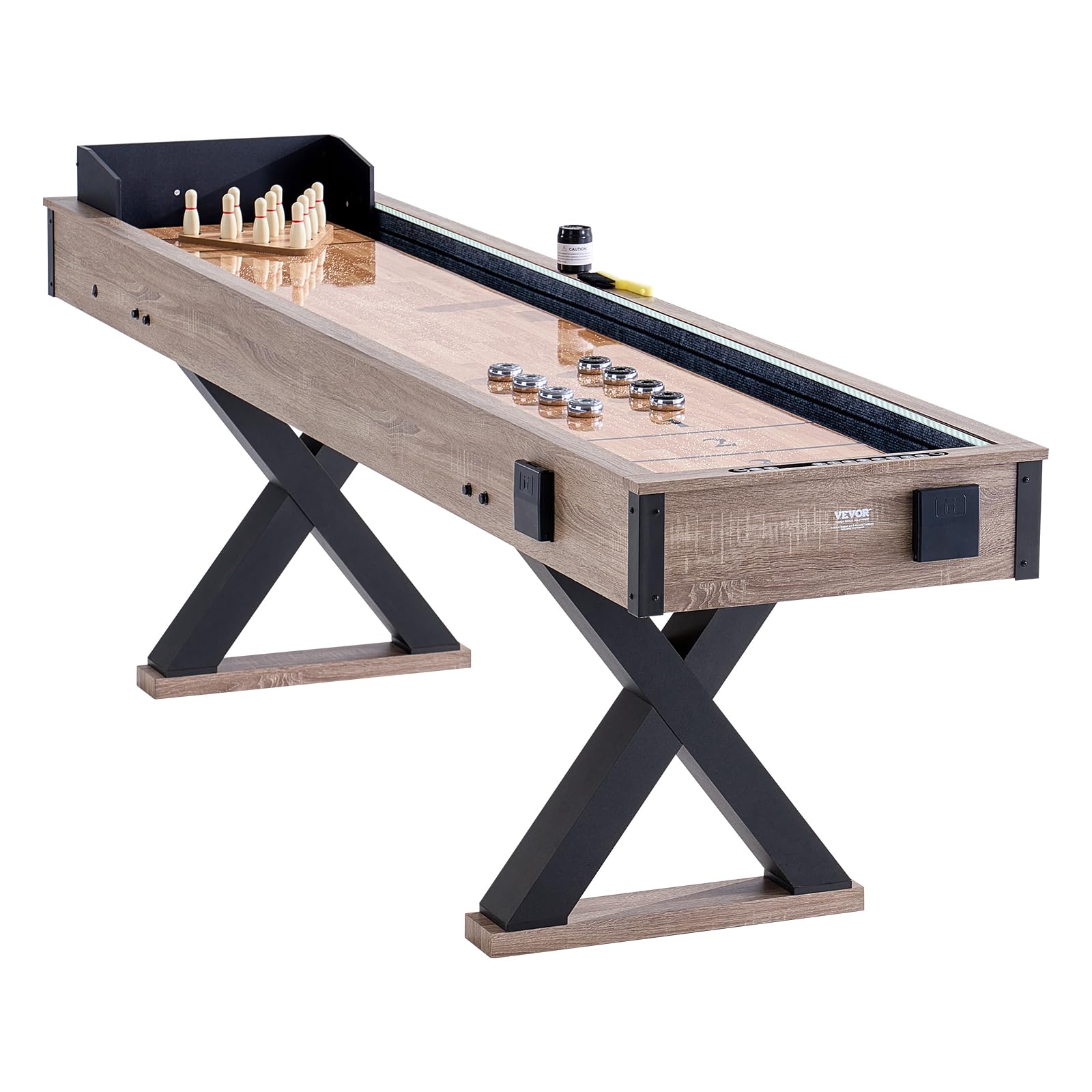 VEVOR 274,5 cm stół do shuffleboardingu z diodą LED, 2 w 1 stół do gry w kufle i kręgle, zestaw do shuffleboardingu, z odpornym na zarysowania placem zabaw i 8 kloszami, dla przyjaciół rodziny