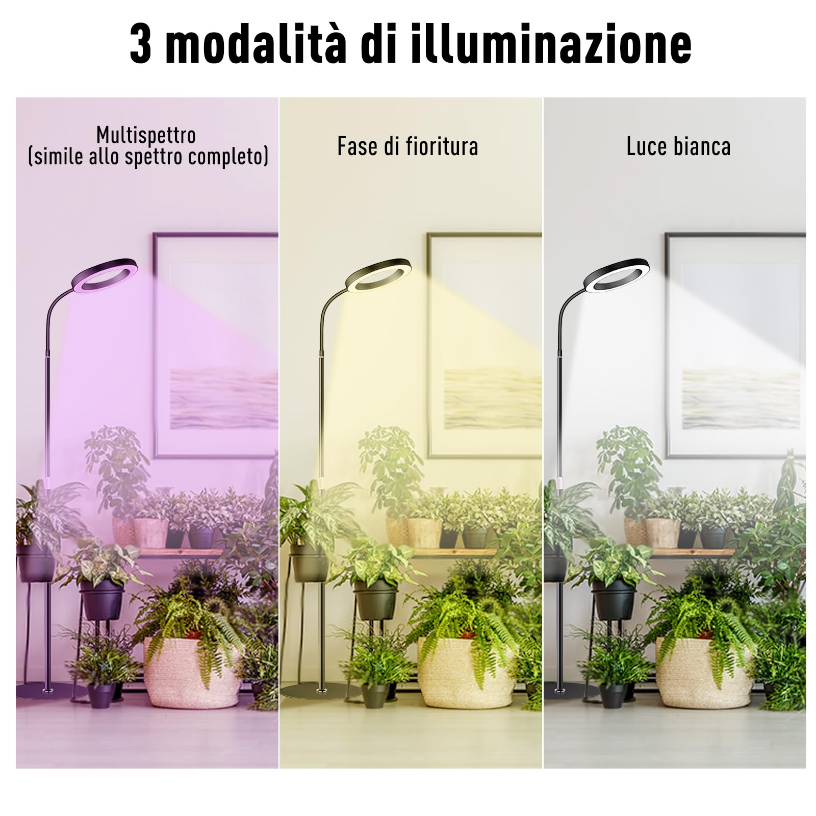 Lampada per Piante a LED, Spettro Completo 380-800nm con Timer 6/12/16H, 3 Modalità Luce & 10 Livelli Luminosità, Altezza Regolabile 57-170cm, Grow Light per Piante da Interno, Include Timer