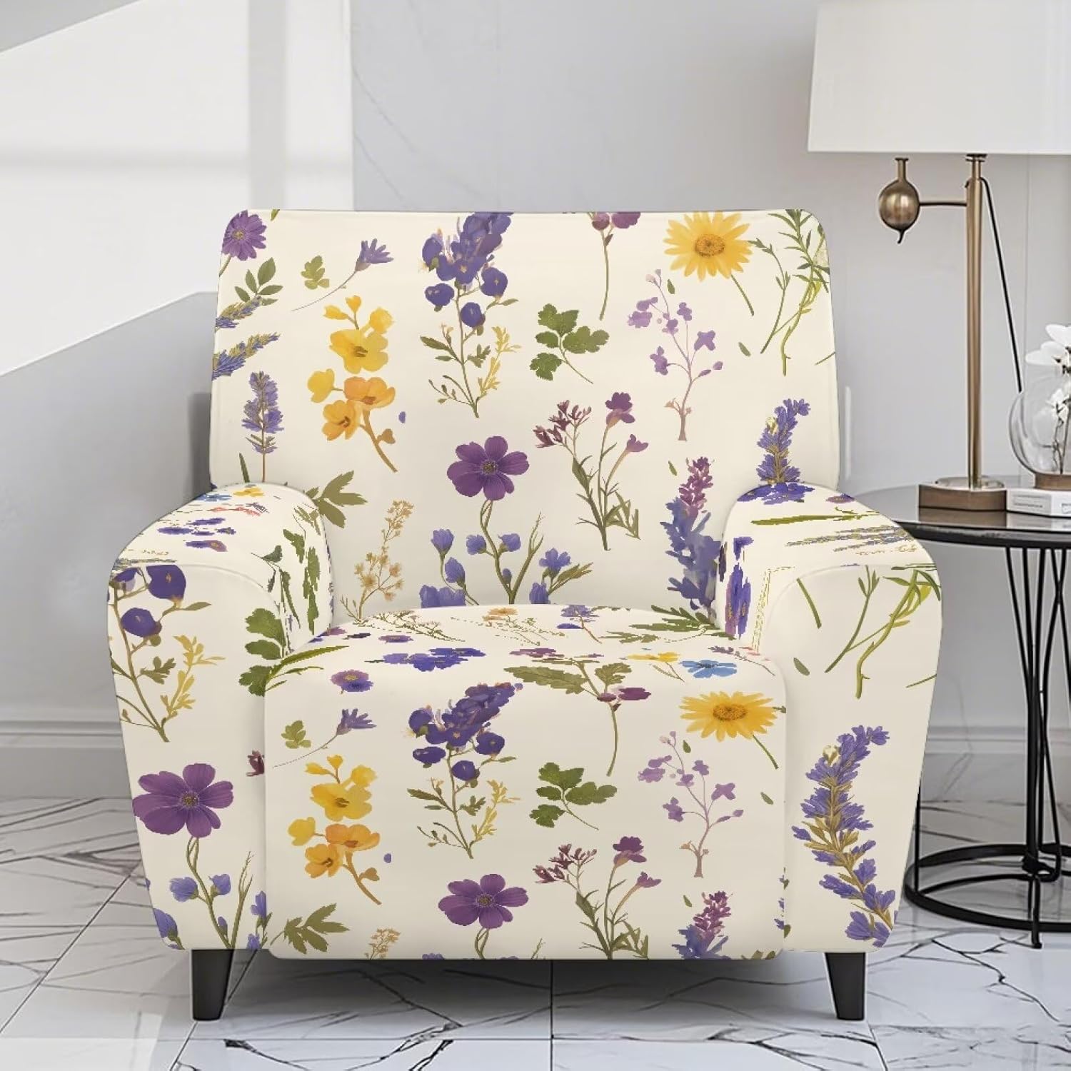 FOR U DESIGNS Floral Leaf Beige Scratch Proof Recliner Covers 4-Piece Stretch Set Stay in Place with Storage Pockets Soft Washable Fabric Pet Hair Resistant for Single Seater