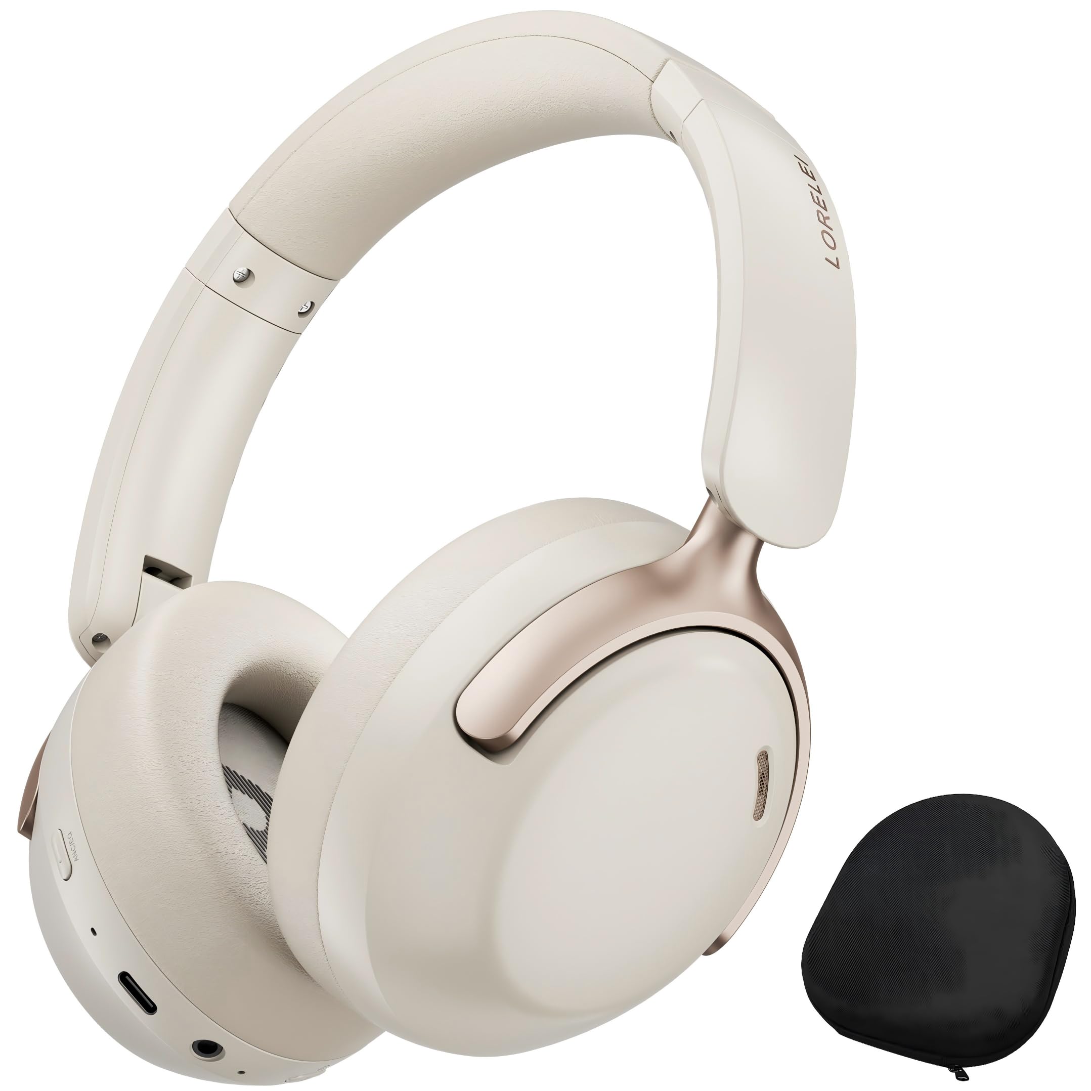 LORELEI QC30 - Cuffie ibride con cancellazione attiva del rumore, Bluetooth wireless over-ear, pelle proteica beige, controllo attivo del rumore e modalità trasparenza, bassi profondi, microfono