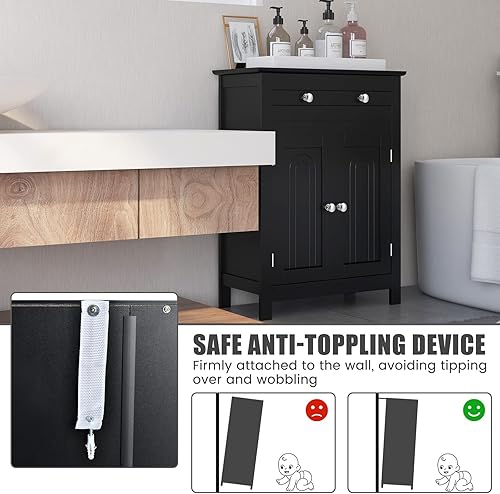 Miniatura 7 de COSTWAY Armario de suelo de baño, organizador de almacenamiento lateral de madera con cajón más grande, estante ajustable y armario de 2 puertas,