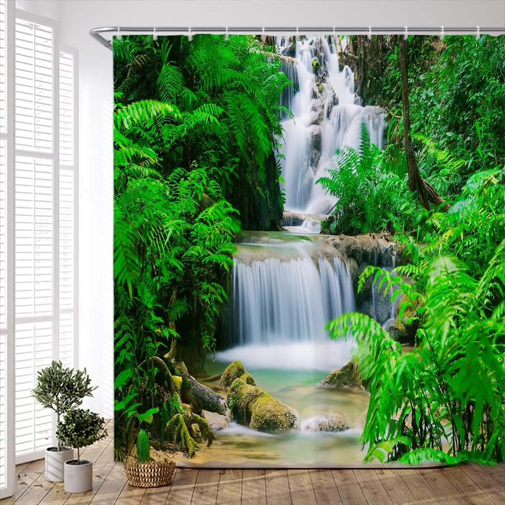 Nature Waterfall Shower Curtain Green Forest Tree Spa Water Lake Landscape Jungle Rainforest Plant Rustic Scenery Bathroom Curtains Polyester Fabric with Hooks 138Wx70H inch