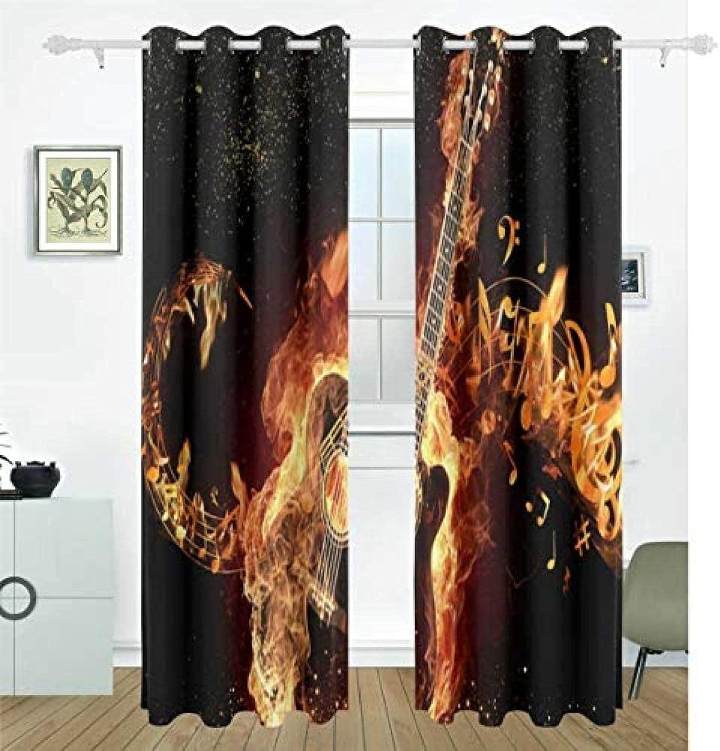 Flame Special Effects Guitar Musical Instrument Blackout Curtains, 3D Printed Drapes, 2 Panels Window Curtains, Darkening Window Curtain for Bedroom Living Room Home Decor (108" W x 84" L)