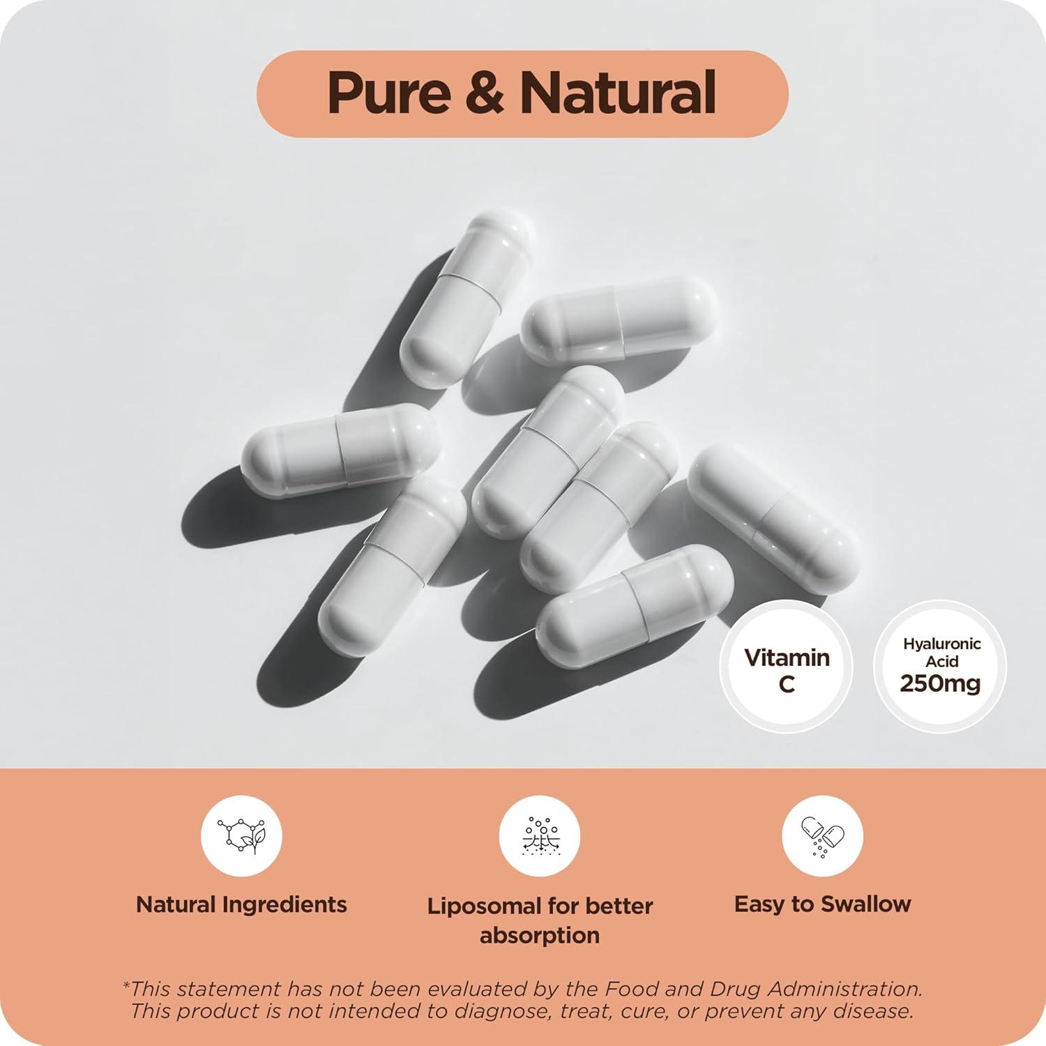 Pure Hyaluronic Acid Supplement 250mg with Vitamin C 50mg, 120 Vegan Capsules - Skin Hydration for Natural Glow, Hair, Nails, Bone & Joint Health Formula - Image 4