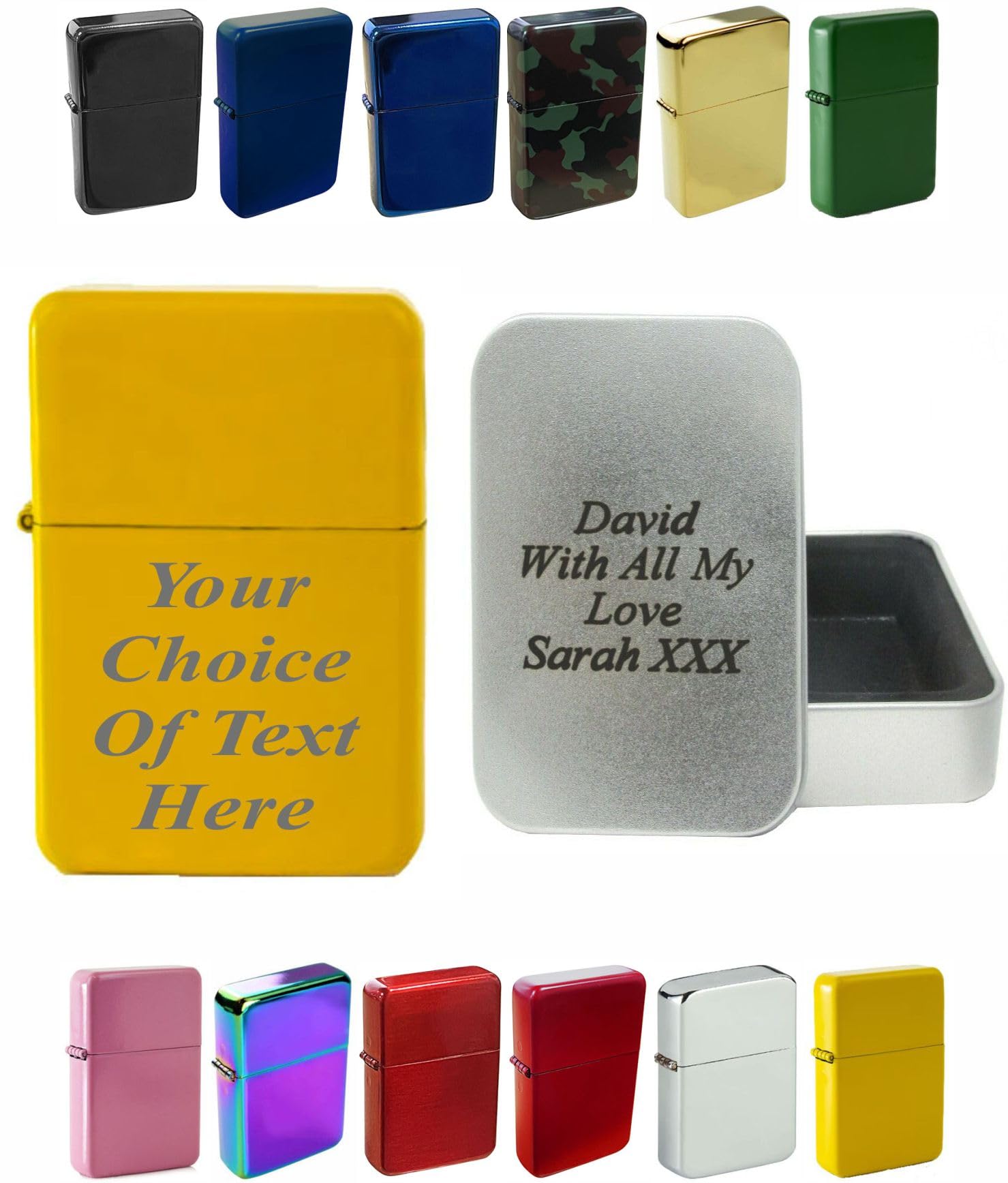 Personalised Engraved Lighter for Birthday, Fathers Day, Anniversary, Choice of Colours - With Customised Tin (Yellow)