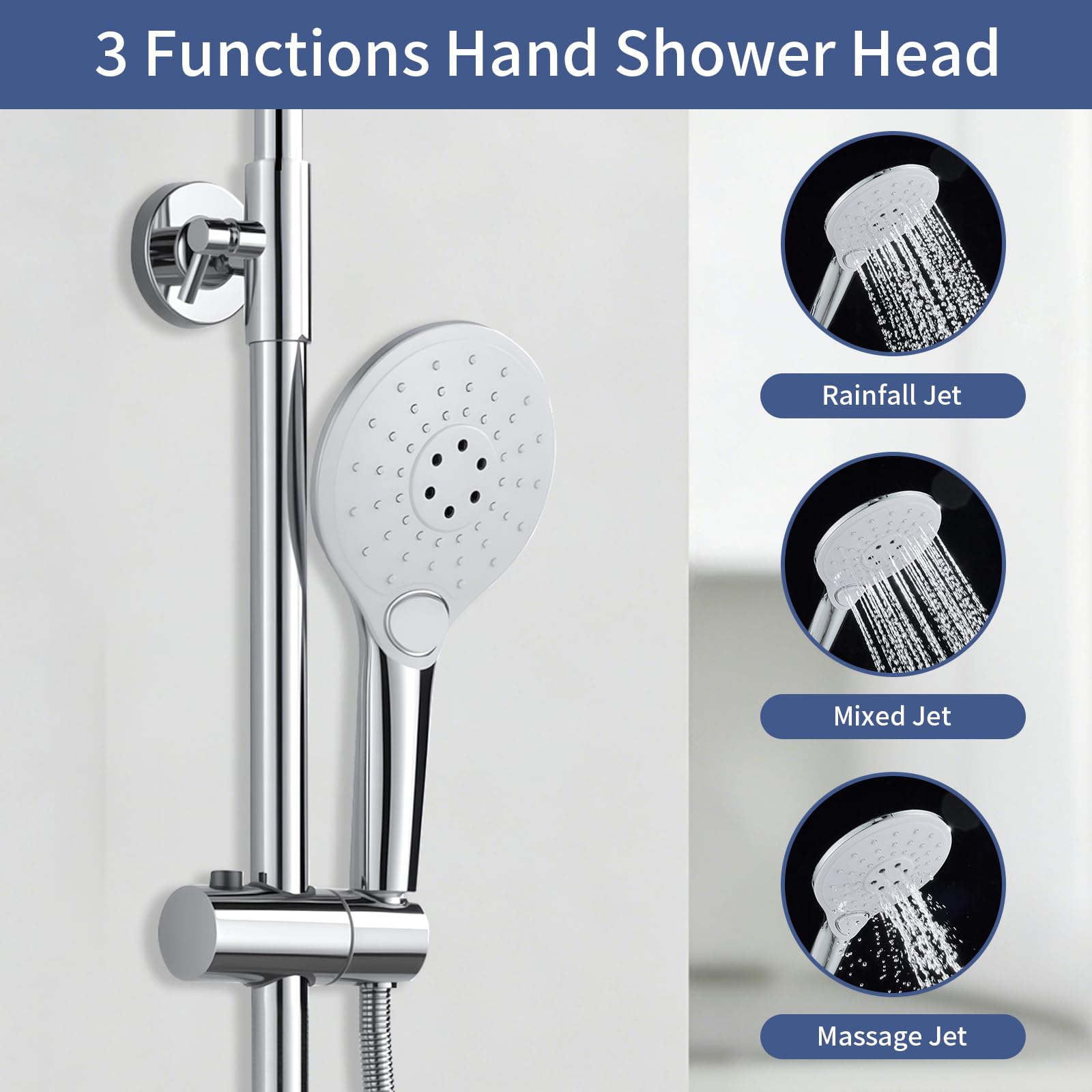 Duschsystem mit Armatur Chrom Runden Duschset ohne Thermostat aus Messing | Duscharmatur Komplettset Höhenverstellbar 80-117cm, Duschamaturenset mit 22 cm Regendusche, 3 Strahlarten Handbrause, 150mm