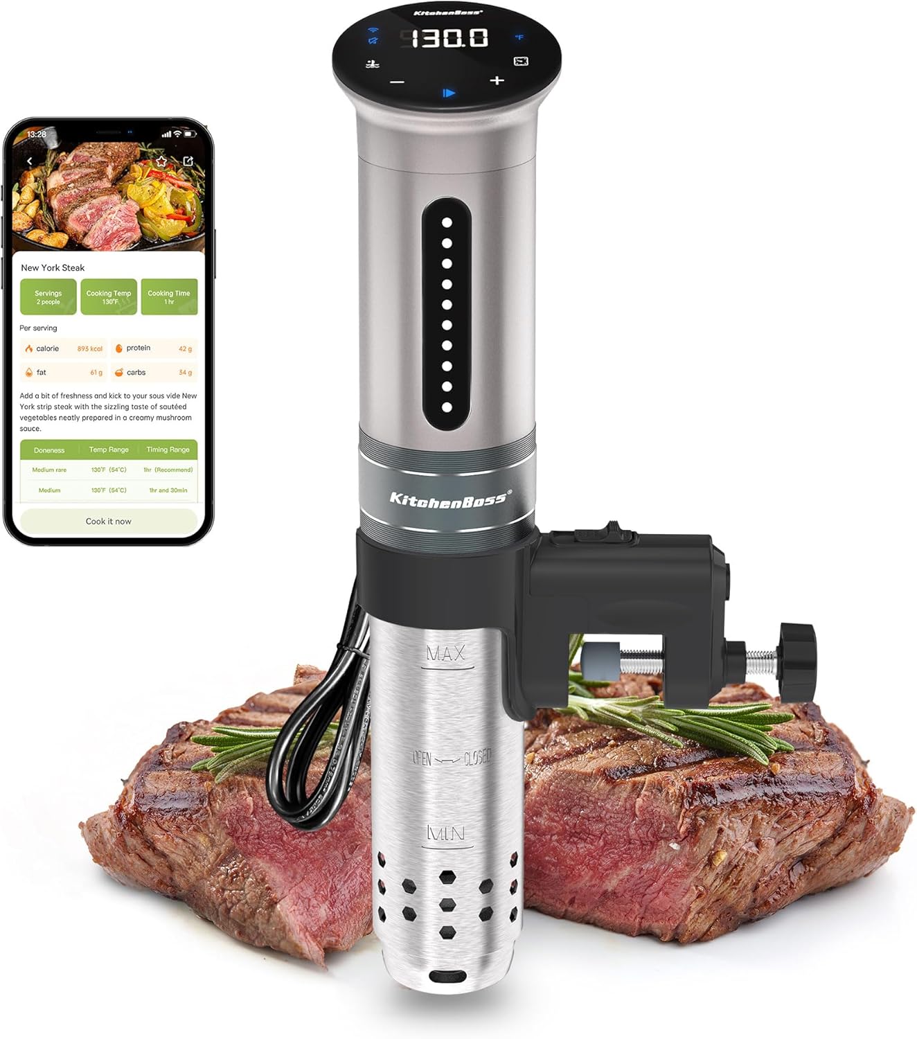 KitchenBoss Wifi Sous Vide Machine: Ultra-quiet Sous-vide Immersion Circulator Cooking Machine APP Control 1100W, IPX7 Waterproof Precision Cooker Accurate Temperature Digital Display, Silver