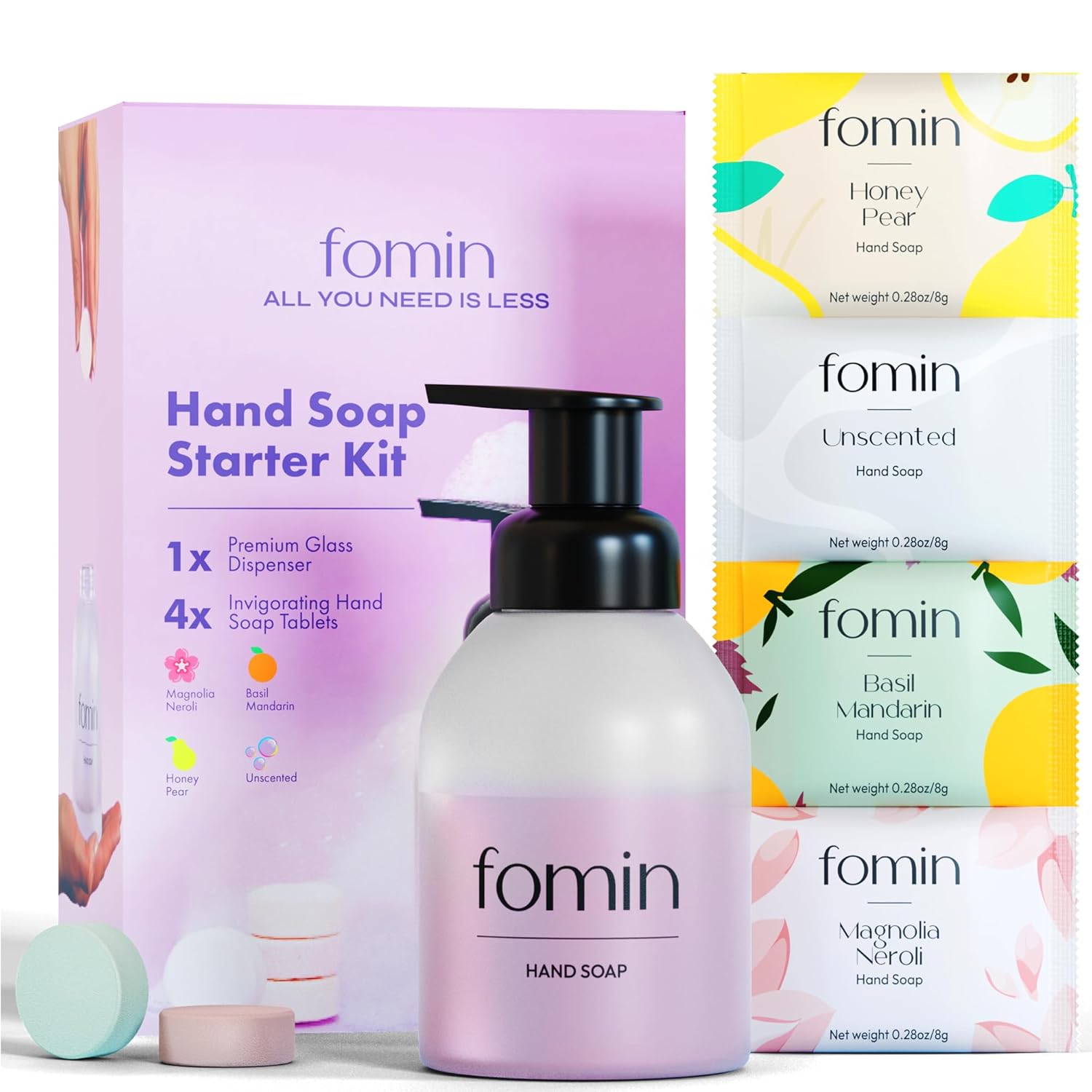 FOMIN Hand Soap Starter Kit – 6 Variety Pack of Foaming Hand Soap Refills + 1 Glass Dispenser – Eco-Friendly Foaming Hand Soap Tablets for All Skin Types – Makes 48 fl oz Soap