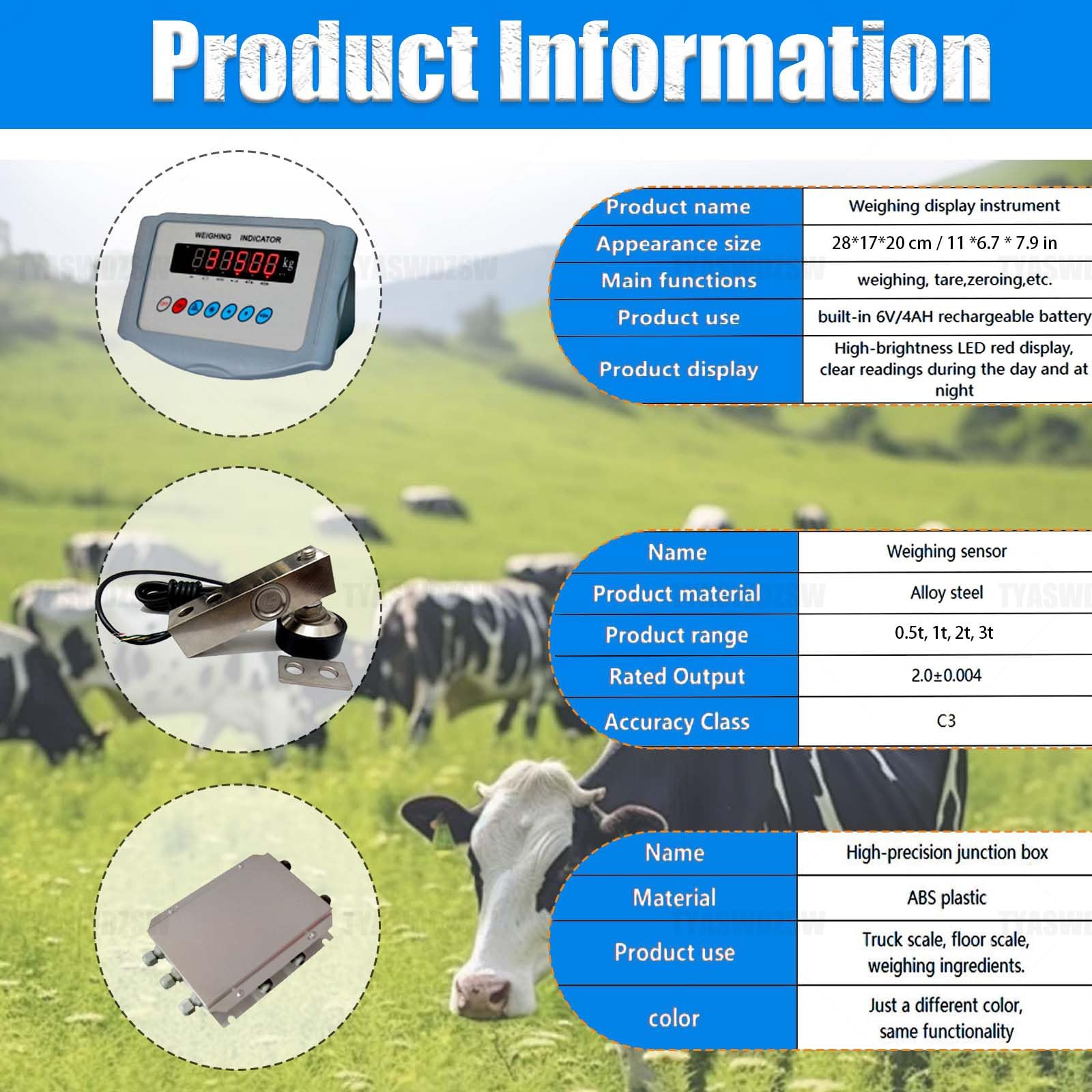Kit de Balance pour Bétail Électronique, 5000kg Plateforme Pesée Animale Haute Capacité avec Écran LED Lumineux, Balance Ferme avec Cellules de Charge pour Bovins, Porcs, Moutons(1t)