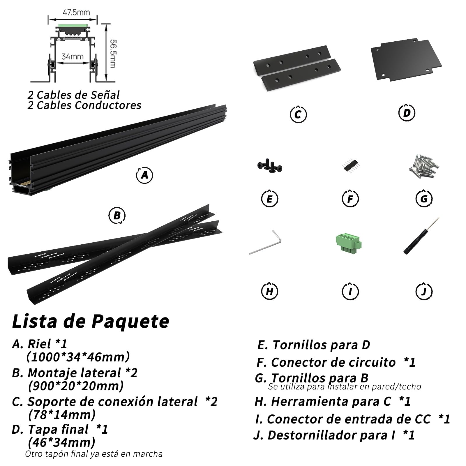 SCON Pista Magnético Lineal con 4 Hilos en Sistemas LED de Riel Magnético Empotrado, Diseño Lineal con Estructura de Aluminio Integrado(Negro/100cm/Sin Transformador Incorporado)