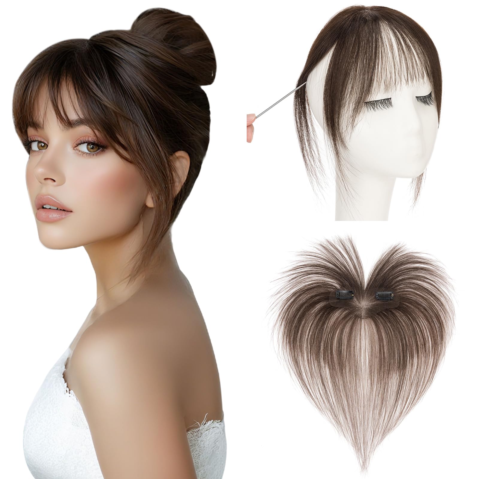 Elailite Clip in Fringe Human Hair Wispy French Bangs Real Hair Lace Base 360°Cover Top HairPieces 5 Inch - #02 Dark Brown
