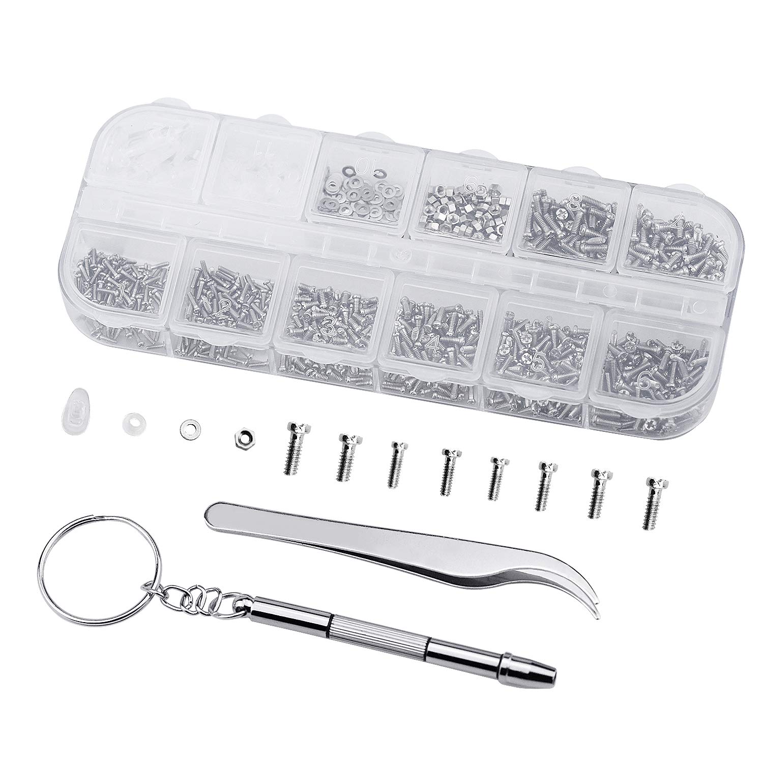 FEIGO Eyeglass Sunglass Repair Kit, 1100PCS Tiny Stainless Steel Screws and 5 Pairs Nose Pads with Micro Screwdriver Tweezer Nut Washer Micro 4 in 1 Screwdriver Tool