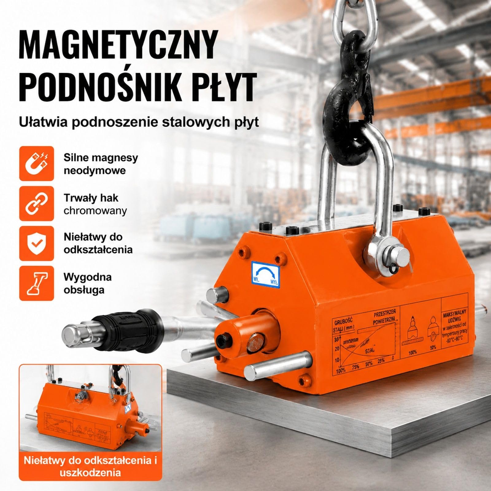 Magnes podnoszący 400 kg, neodym i stal z uchwytem zwalniającym, rowek U do blach oraz prętów w warsztacie