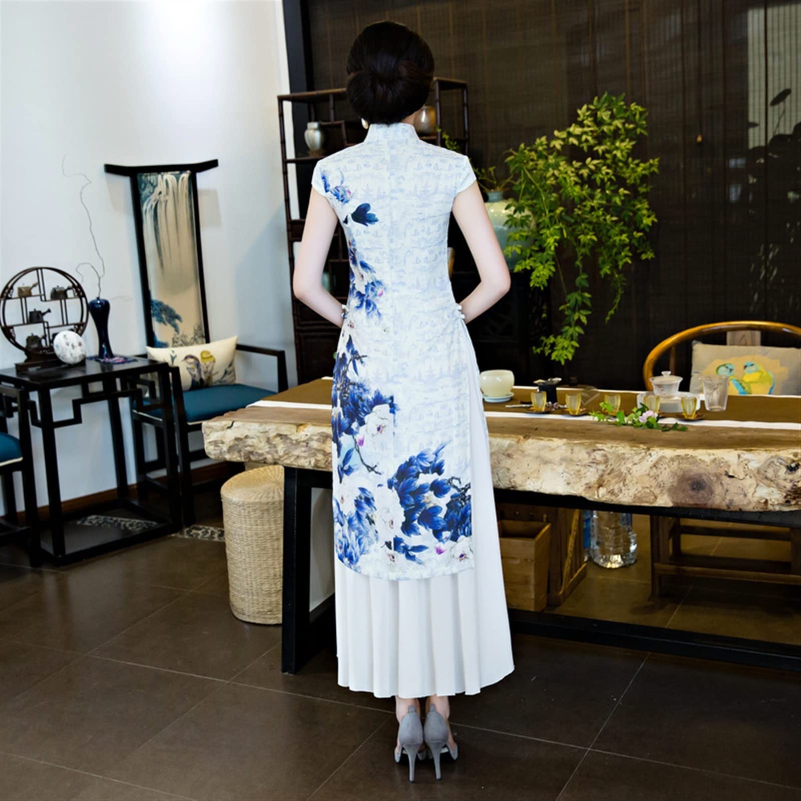 Vintage Ulepszenia Wietnamska Sukienka Ao Dai Lato Długa Podwójna Warstwa Rozcięcie Ao Dai Cheongsam Ubrania dla Mam Wybieg Qipao Poliester(3XL)
