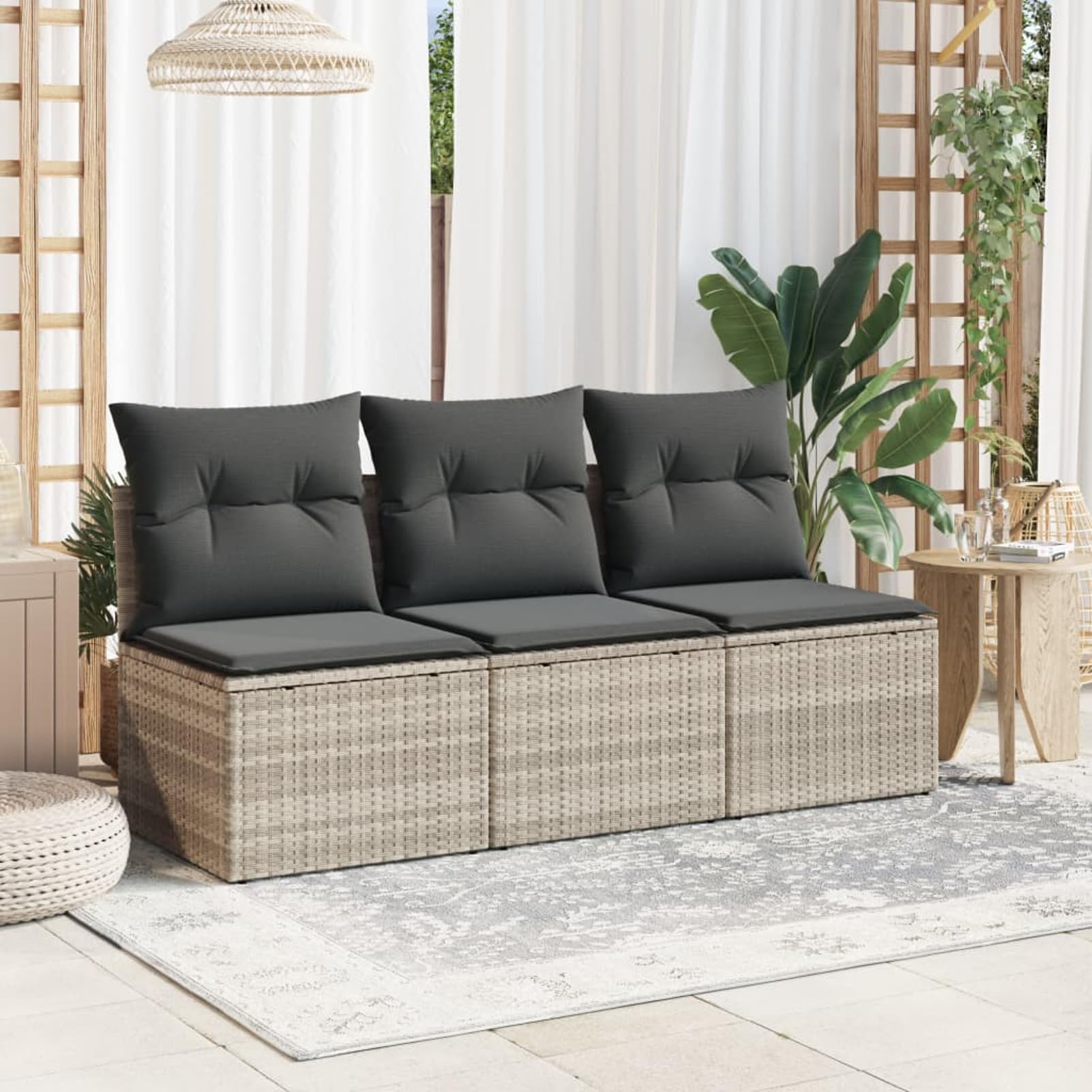 Divano da Giardino con Cuscini 3 Posti Grigio Chiaro Polyrattan,Divano da Giardino da Esterno,Divani da Giardino,Arredamento da Giardino-366194