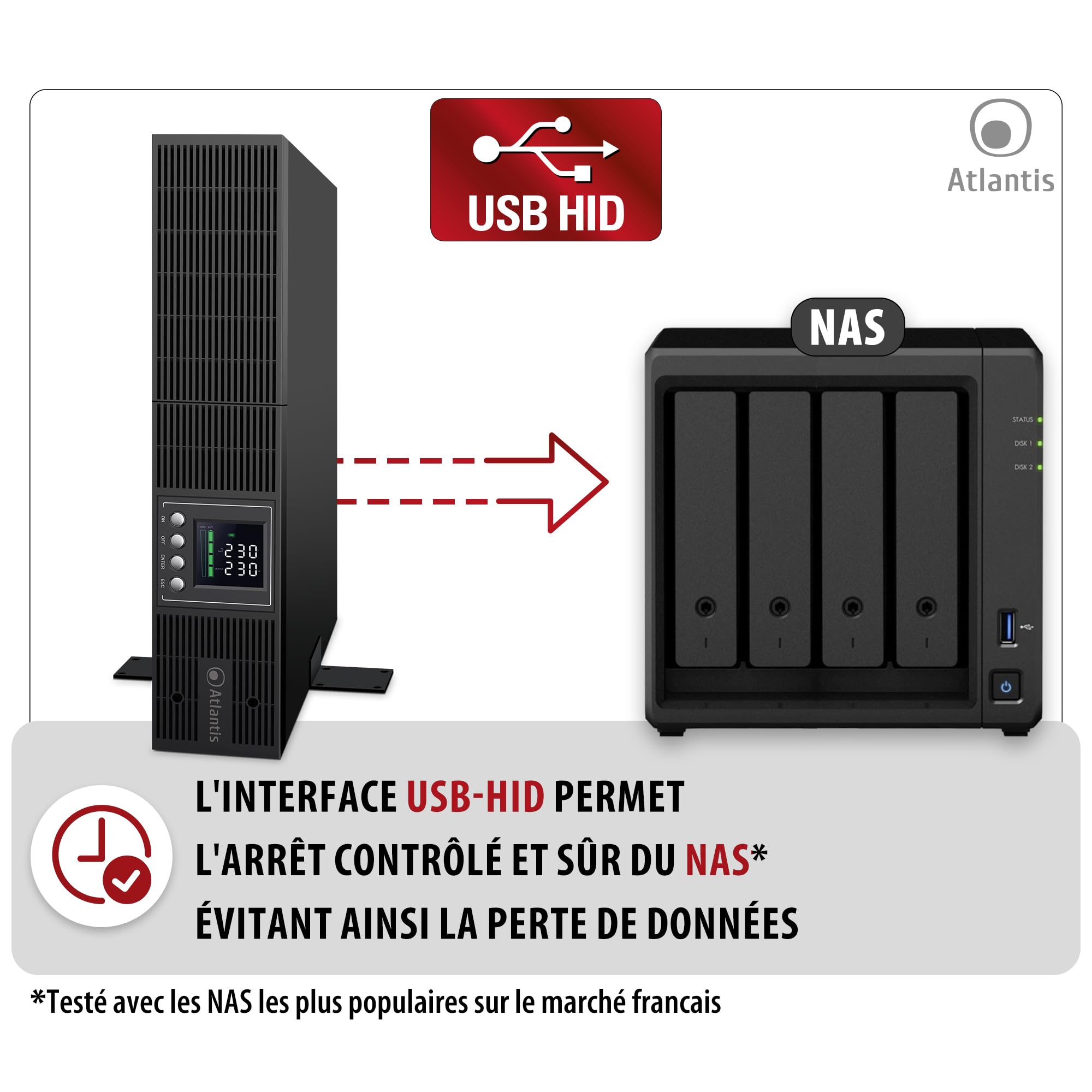 Atlantis A03-OP2002P-RC Pro Onduleur (UPS) Online Double Conversion et Pure sinusoïde avec Une Puissance de 2000VA 1800W, Serveur Rack, écran LCD, USB, RS-232, 8 Sorties IEC, Slot SNMP, 4x12V-9Ah