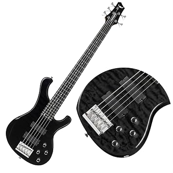 Electric Bass Guitar 5 Strings Full-Size Standard Solid Wood Electric Bass, Ripple Elm Wood Body, Flowing Water Wave Design, Each Guitar Has Unique Grain, A True Piece of Art DB120 Black