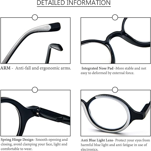 Miniatura 5 de KoKoBin Paquete de 3 lentes de lectura redondos pequeños, cómodos lectores, marco elegante de colores para mujeres y hombres