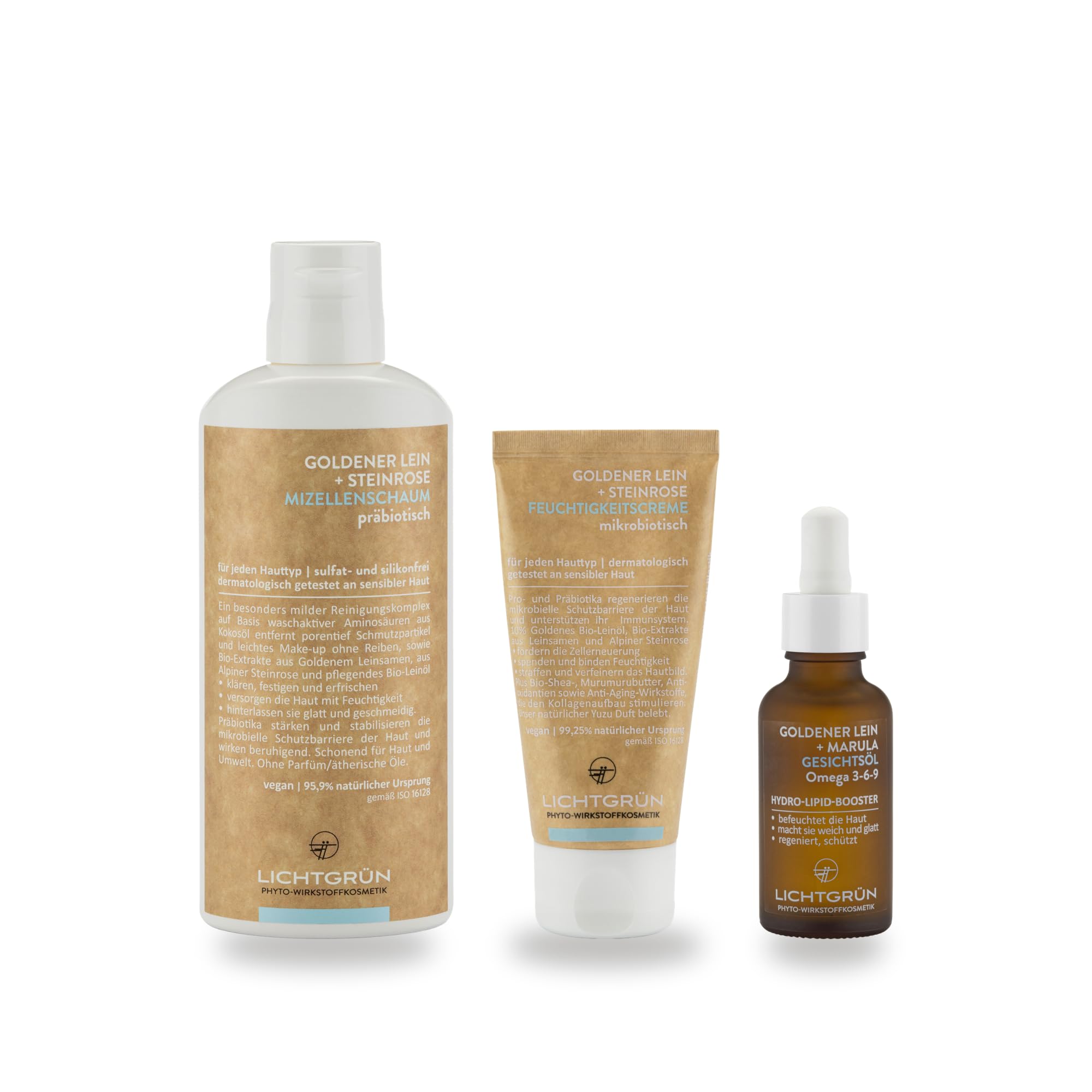Startset Hydro-Lipid Boost, Mizellenschaum 150 ml, Feuchtigkeitscreme 50 ml und Gesichtsöl 30 ml, Reinigung und Feuchtigkeitspflege für trockene Haut mit Bio-Leinöl, vegan