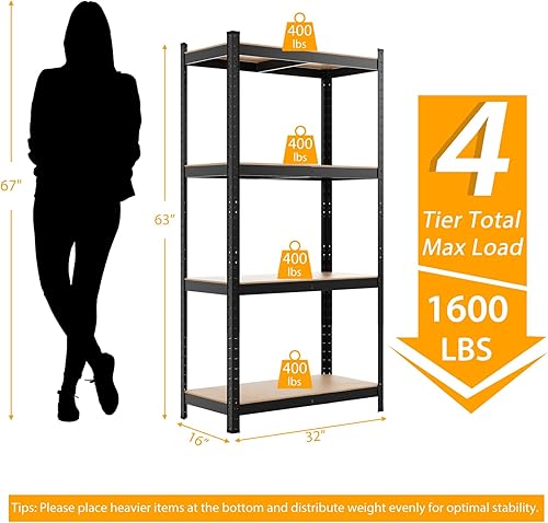 Miniatura 3 de ERGOMASTER Estantes de almacenamiento de metal para garaje, 4 estantes, ajustable, resistente, sin tornillos, organizador para el hogar, oficina,