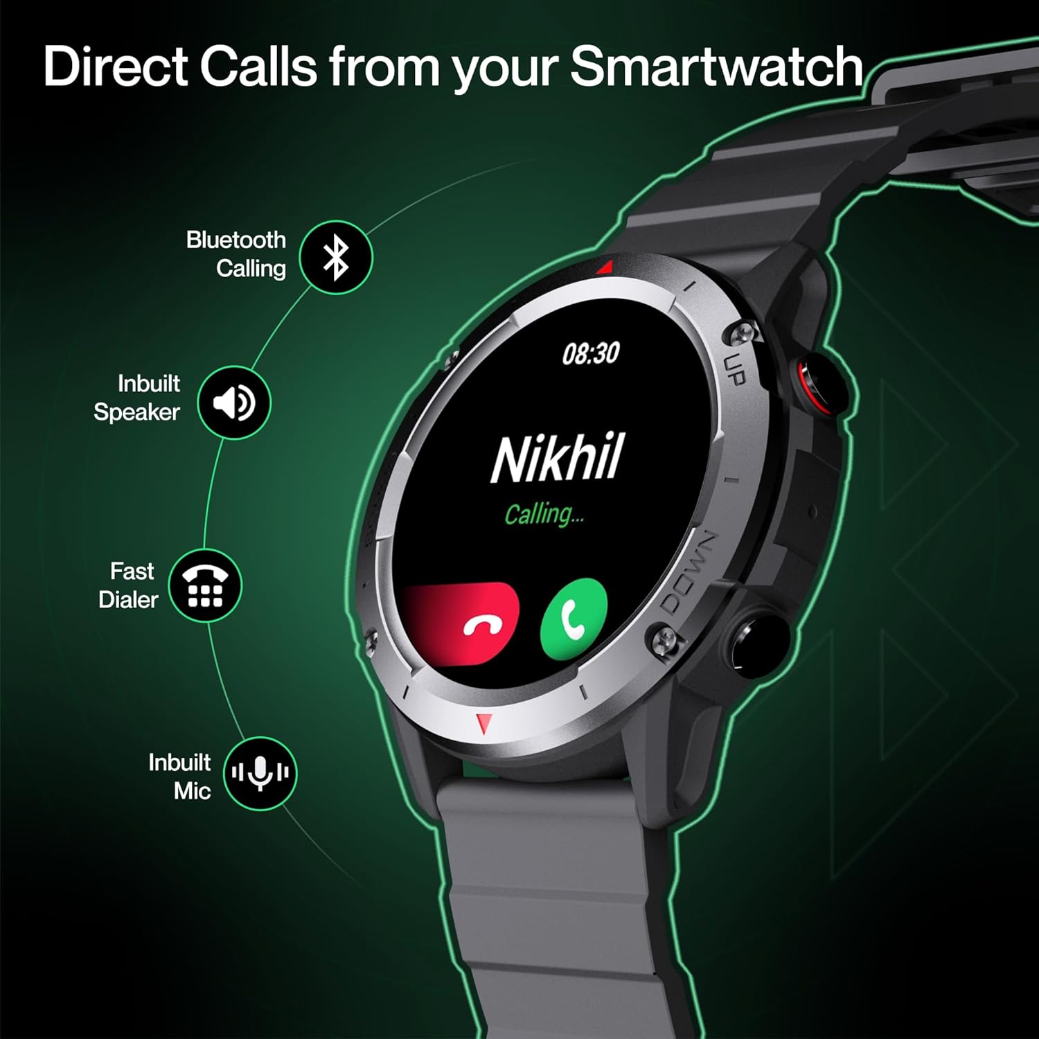 Ambrane Crest Smart Watch showing a call in progress