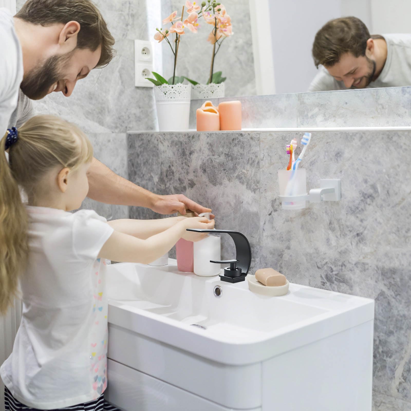 Rubinetto a cascata per bagno in acciaio inox, miscelatore monocomando con acqua calda e fredda, a risparmio energetico, nero