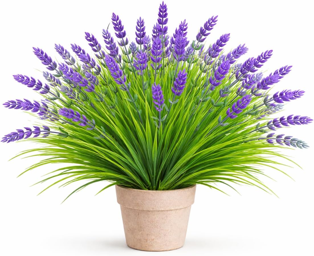 Artificial Lavender Flowers Outdoor, 8 Bundles UV Resistant Fake Plants, Adjustable Stems Faux Lavender Bush for Garden Porch Window Box Home Decor (Set of 8/12)