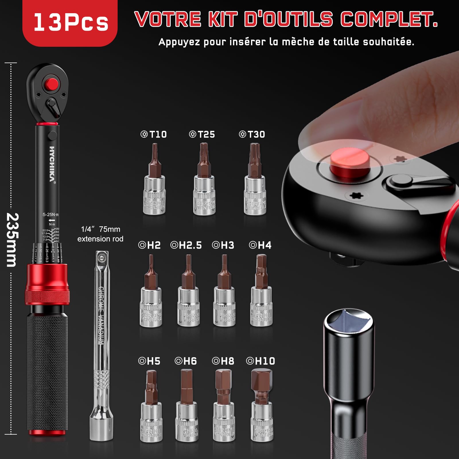 HYCHIKA Kit de 13 Clés Dynamométriques 1/4" 5-25Nm, Précision ±2%, Set Clé Dynamométrique Velo 72 Dents avec Prolongateur, Embouts et Boîtier de Rangement
