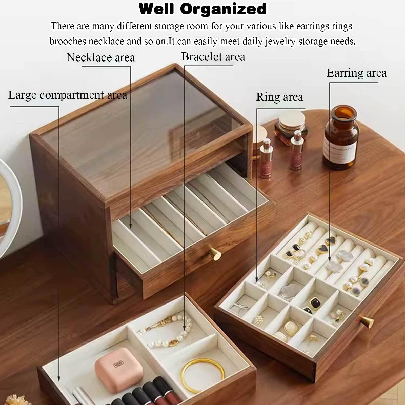 Jewelry box Drewniana szkatułka na biżuterię ze szklanym blatem, organizer, szuflady do przechowywania, różne rozmiary, brązowa