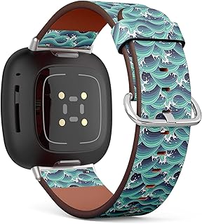 CJBROES Replacement Leather Watch Band, Compatible with Fitbit Versa 3 and Fitbit Sense of Wristband Bracelet Accessory - sea Wave Decorative Style