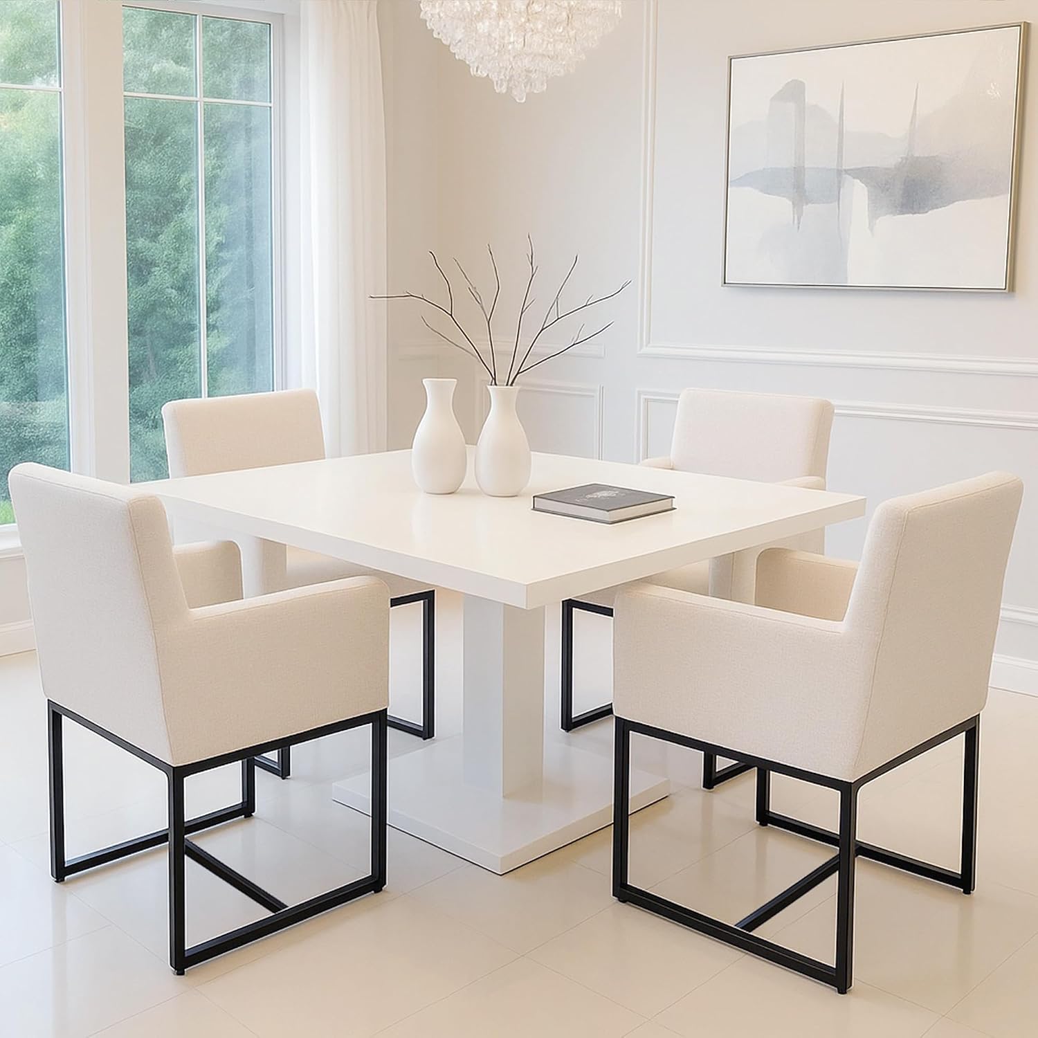 HNY Mid Century Modern Upholstered Dining Chairs with Arms Set of 4, Linen Accent with Black Finish Metal Frame, 19'' Wide for Living Room Kitchen Bedroom, Cream, Cream-linen-black Frame