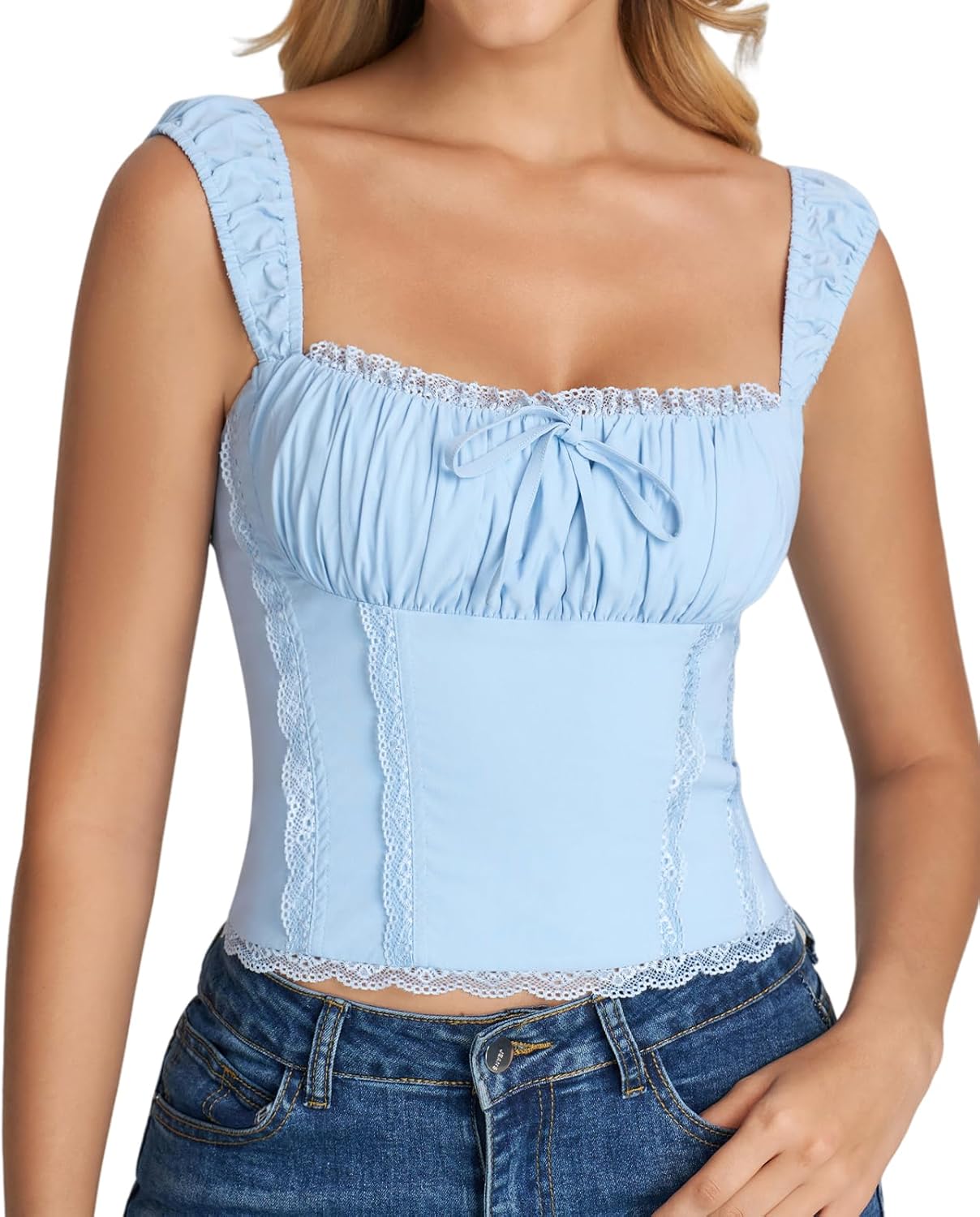XinFSh Women's Summer Lace Going Out Crop Tank Tops Cute Square Neck Sleeveless Ruched Y2k Top Trendy