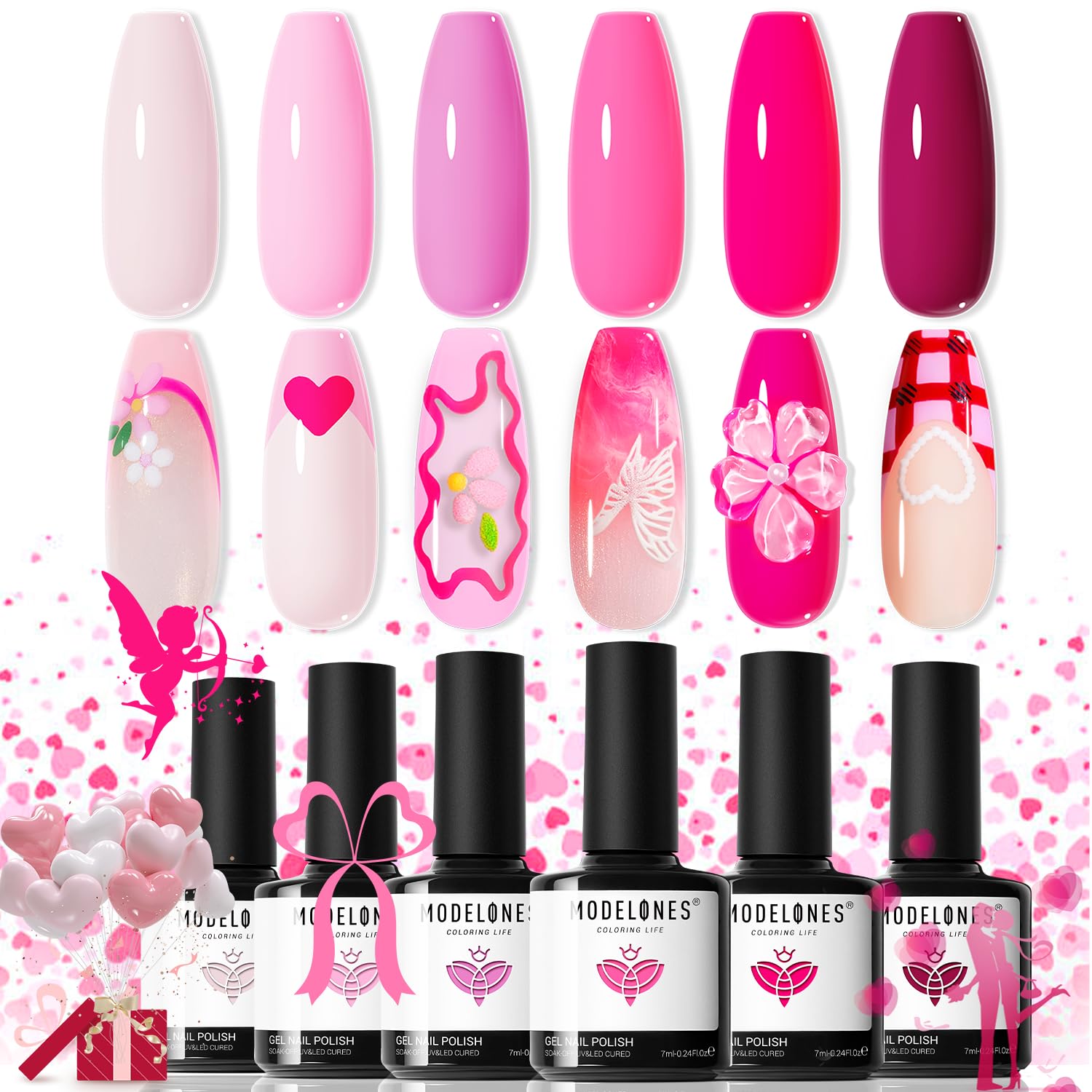 modelones Pink Gel Nail Polish Set- 6 Colors 2026 Valentine's Day Pastel Hot Pink Tones Neon Pink White Gel Polish Magenta Light Soft to Dark LED Nail Art for Nail Lovers Gift Salon DIY Starter Kit