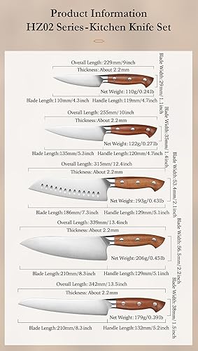 Miniatura 2 de HEZHEN Juego de cuchillos de cocina de 5 piezas, acero inoxidable alemán de alto carbono ultra afilado para chef Santoku, juego de cuchillos de